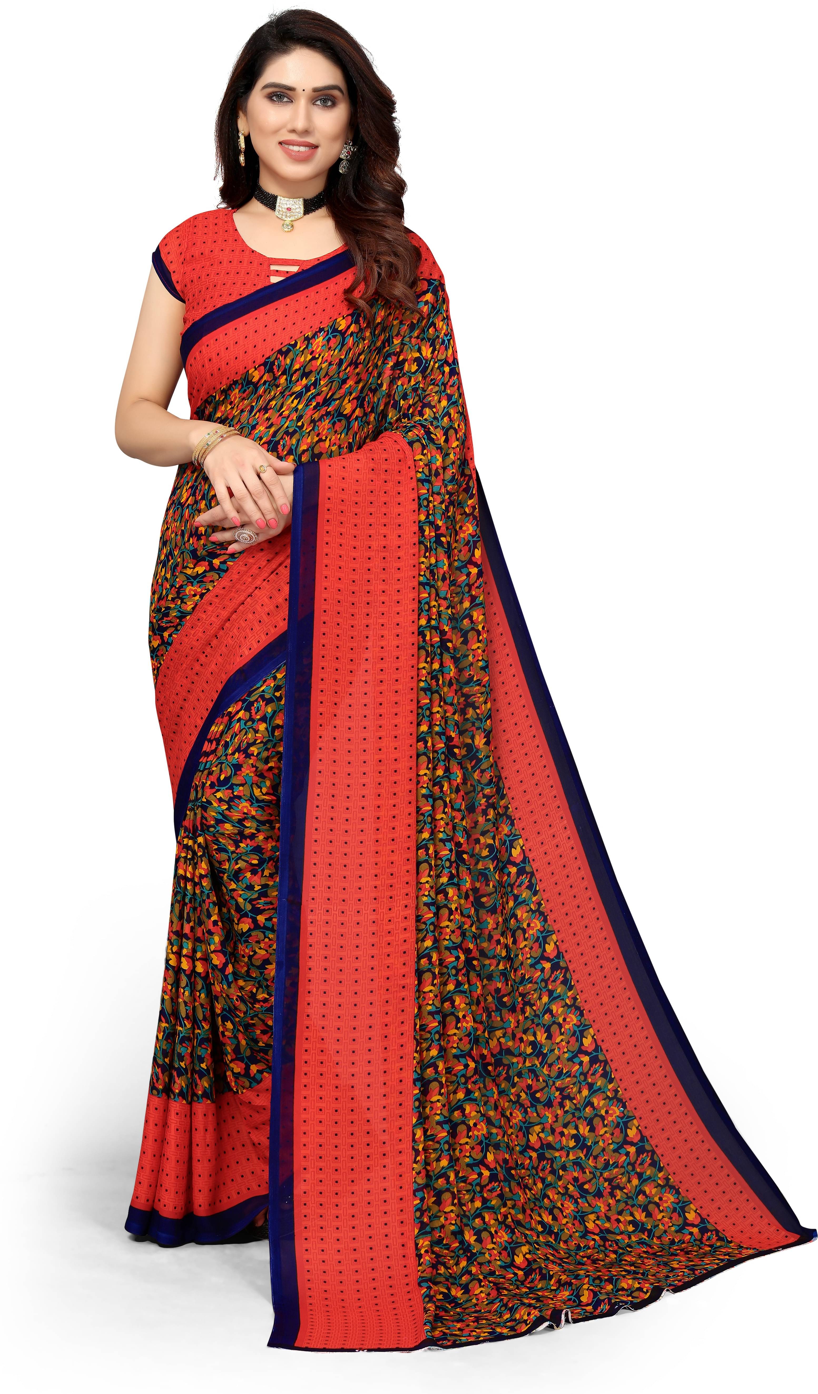     			Yashika Georgette Printed Saree With Unstitched Blouse Piece ( Red )