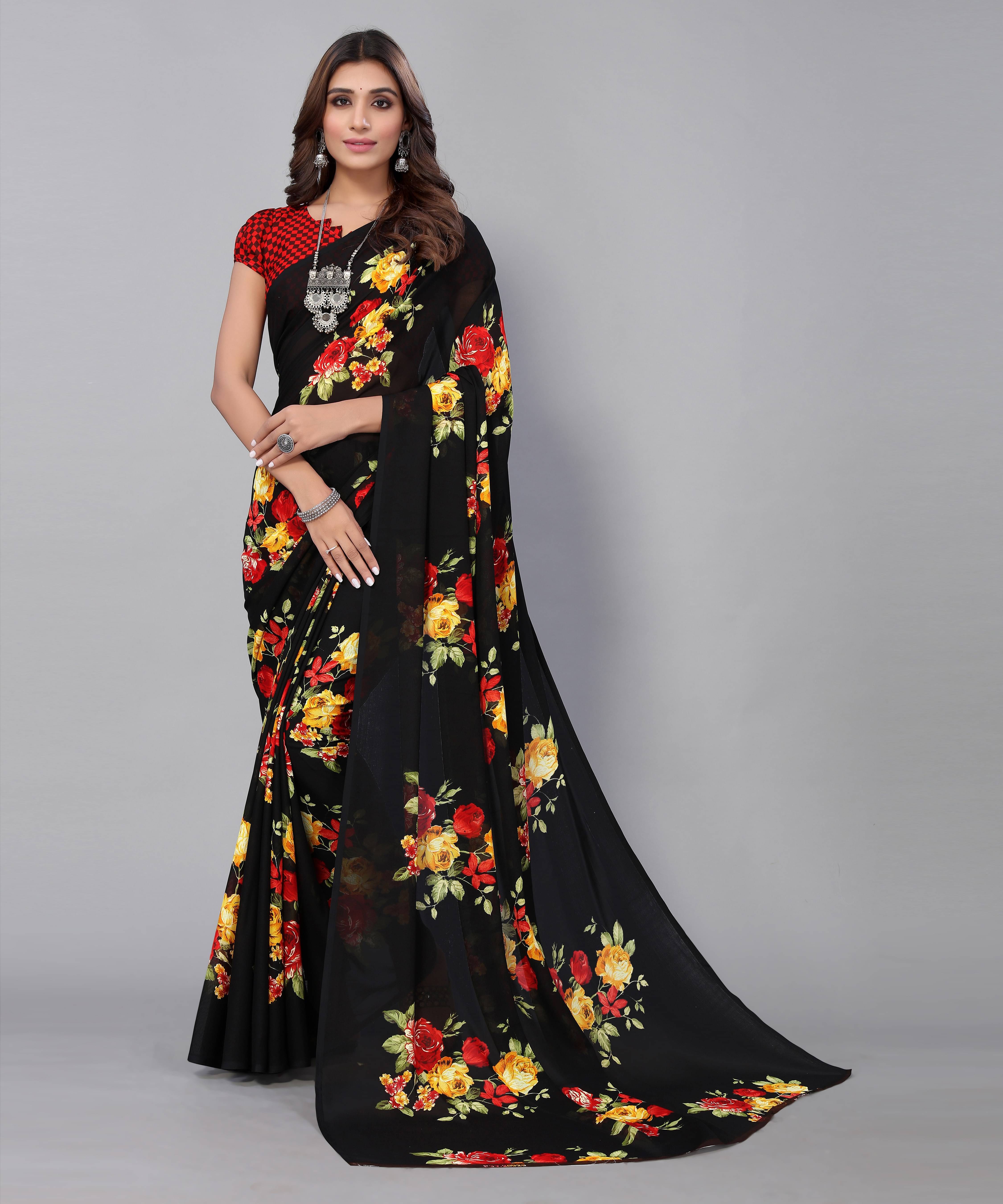 Yashika Georgette Printed Saree With Unstitched Blouse Piece ( Black ) Yashika Georgette Printed Saree With Unstitched Blouse Piece ( Black )