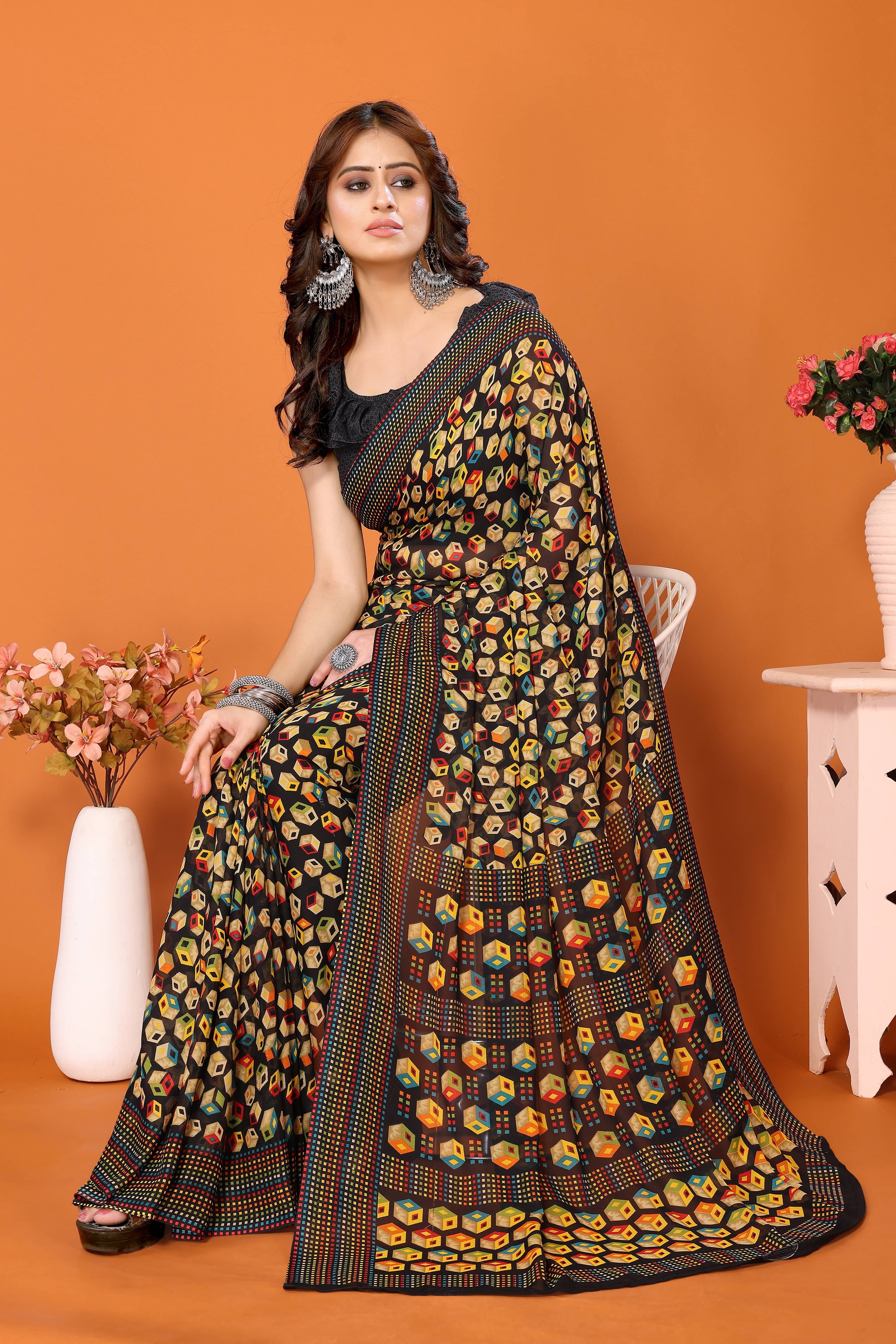 Yashika Georgette Printed Saree With Unstitched Blouse Piece ( Black ) Yashika Georgette Printed Saree With Unstitched Blouse Piece ( Black )