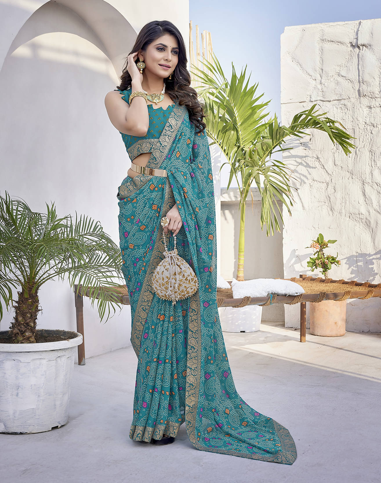Yashika Georgette Printed Saree With Unstitched Blouse Piece ( Blue ) Yashika Georgette Printed Saree With Unstitched Blouse Piece ( Blue )