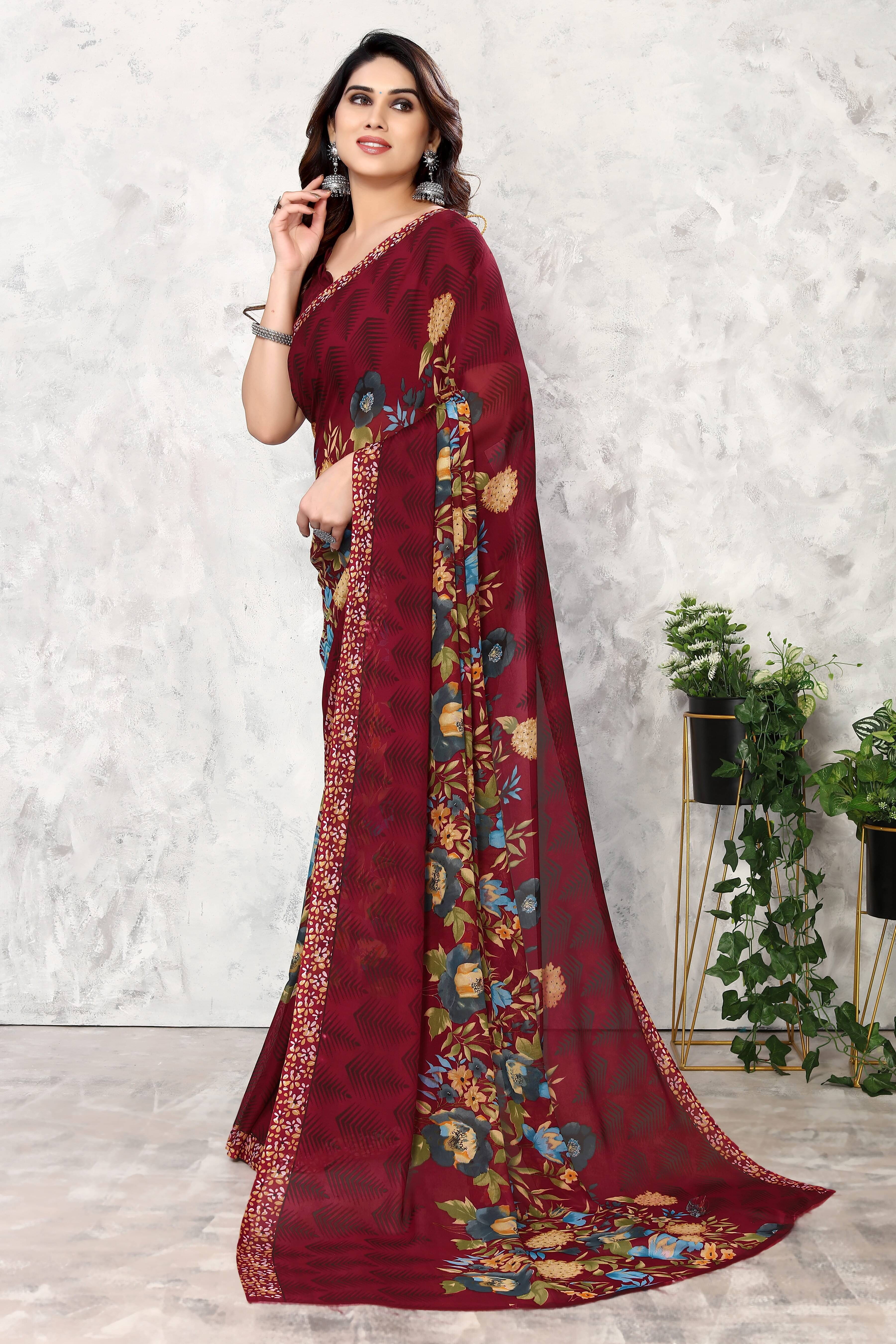     			Yashika Georgette Printed Saree With Unstitched Blouse Piece ( Maroon )