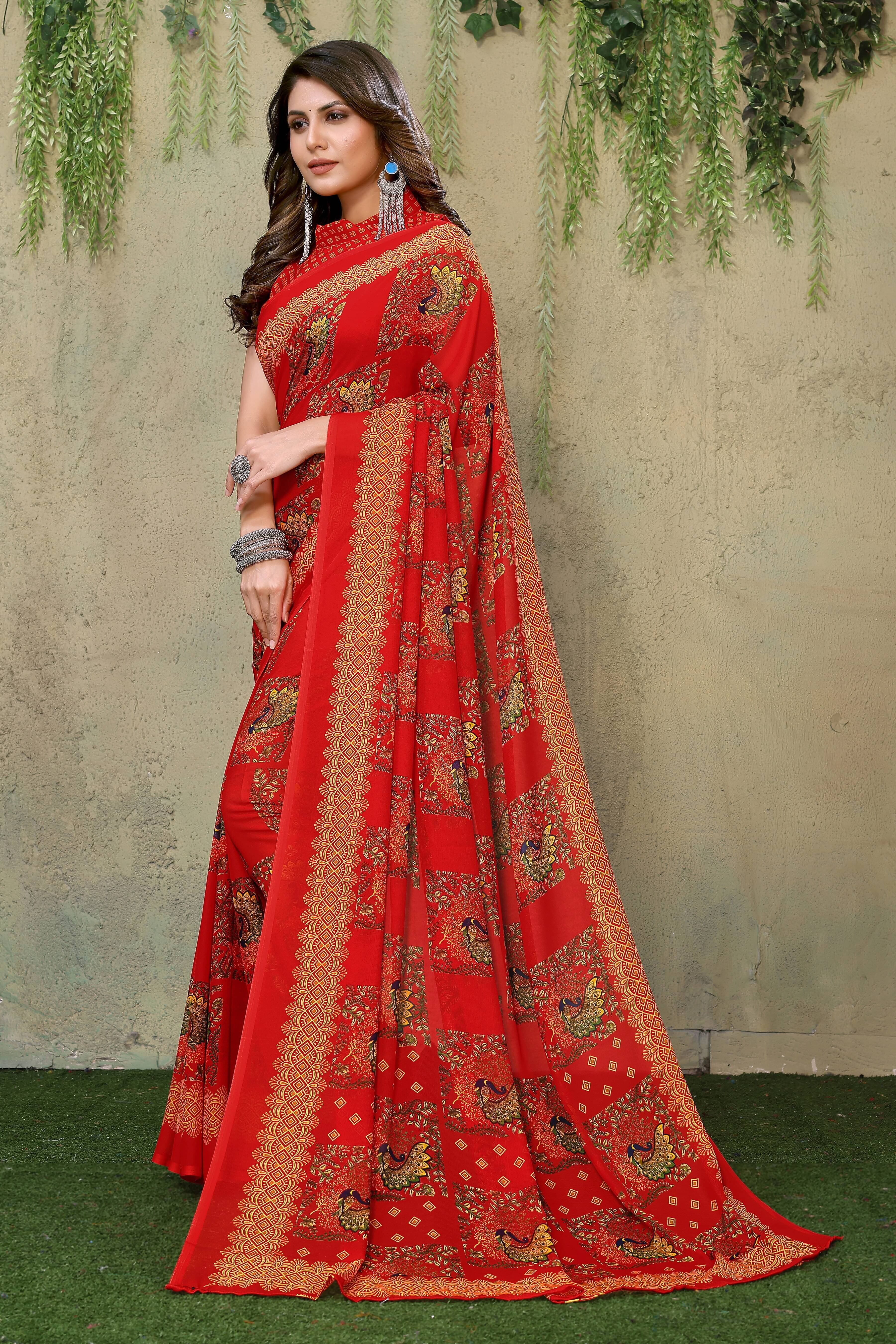     			Yashika Georgette Printed Saree With Unstitched Blouse Piece ( Red )