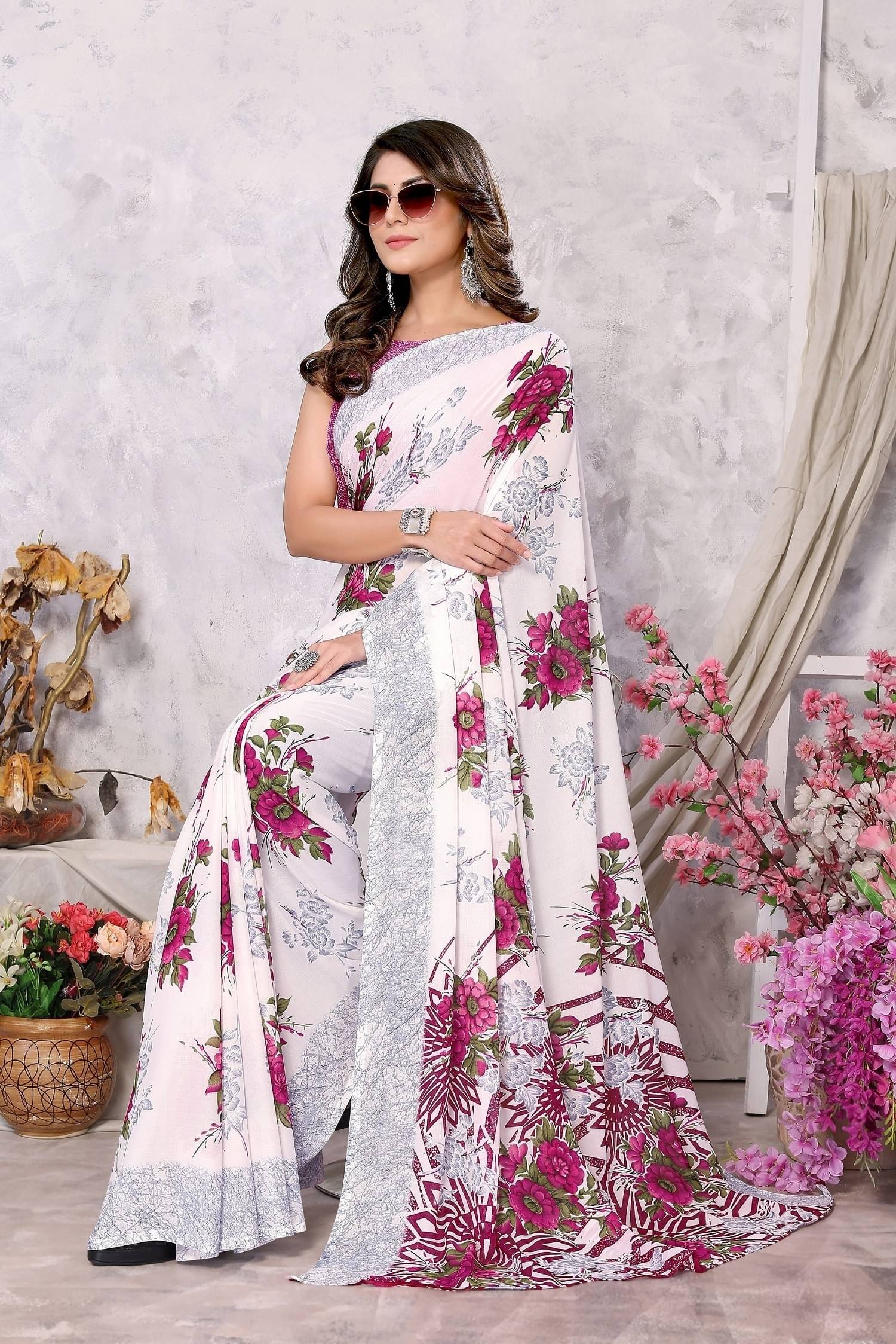     			Yashika Georgette Printed Saree With Unstitched Blouse Piece ( Purple )