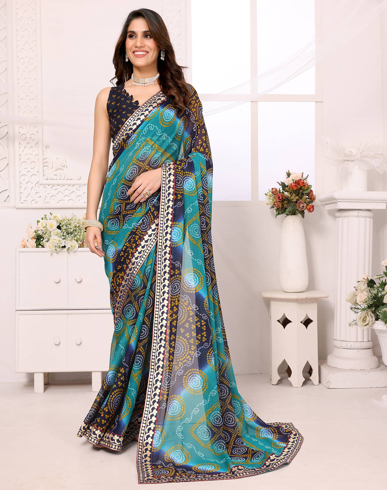     			Yashika Georgette Printed Saree With Unstitched Blouse Piece ( Blue )