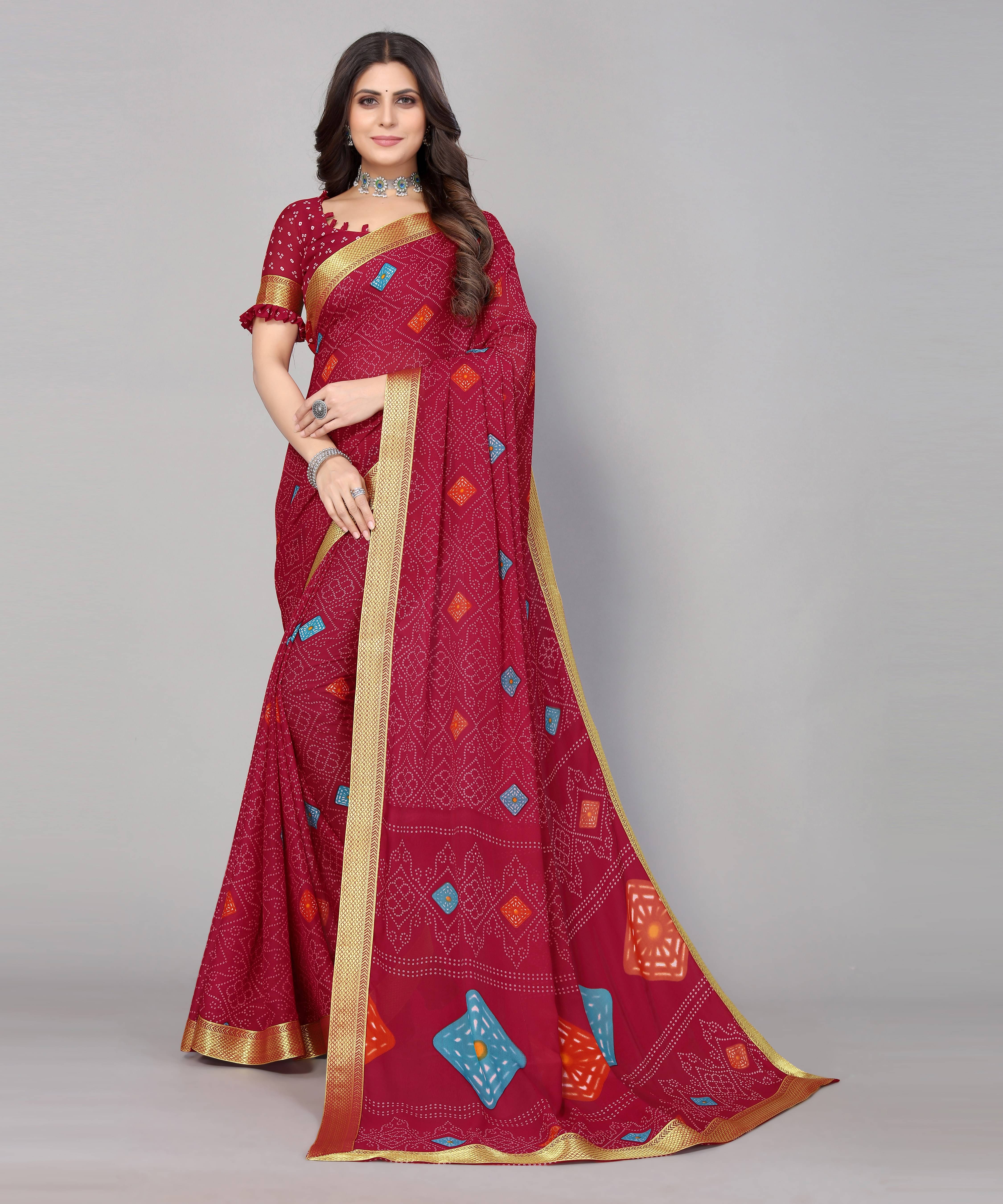     			Yashika Georgette Printed Saree With Unstitched Blouse Piece ( Maroon )