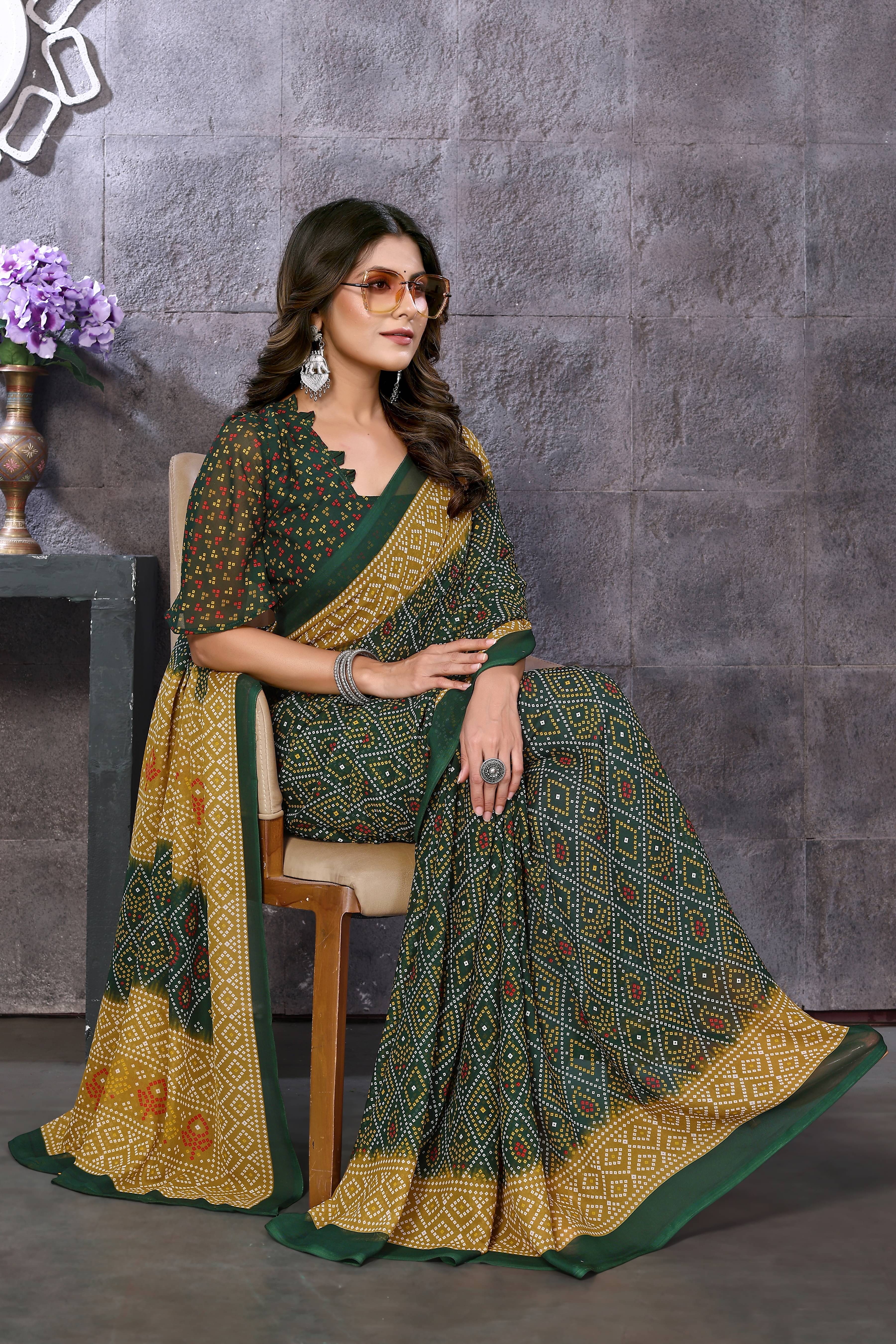 Yashika Georgette Printed Saree With Unstitched Blouse Piece ( Green ) Yashika Georgette Printed Saree With Unstitched Blouse Piece ( Green )