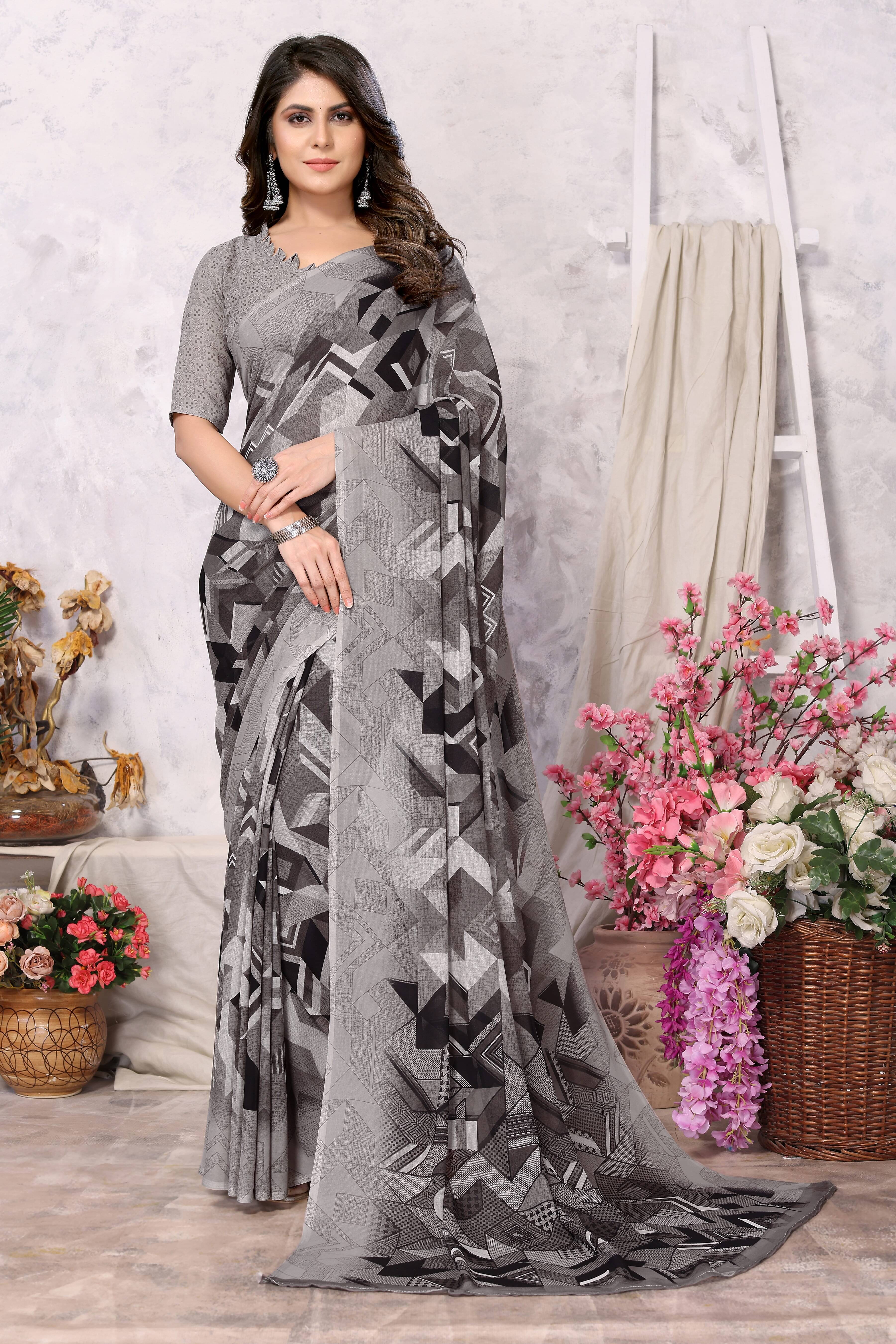     			Yashika Georgette Printed Saree With Unstitched Blouse Piece ( Grey )