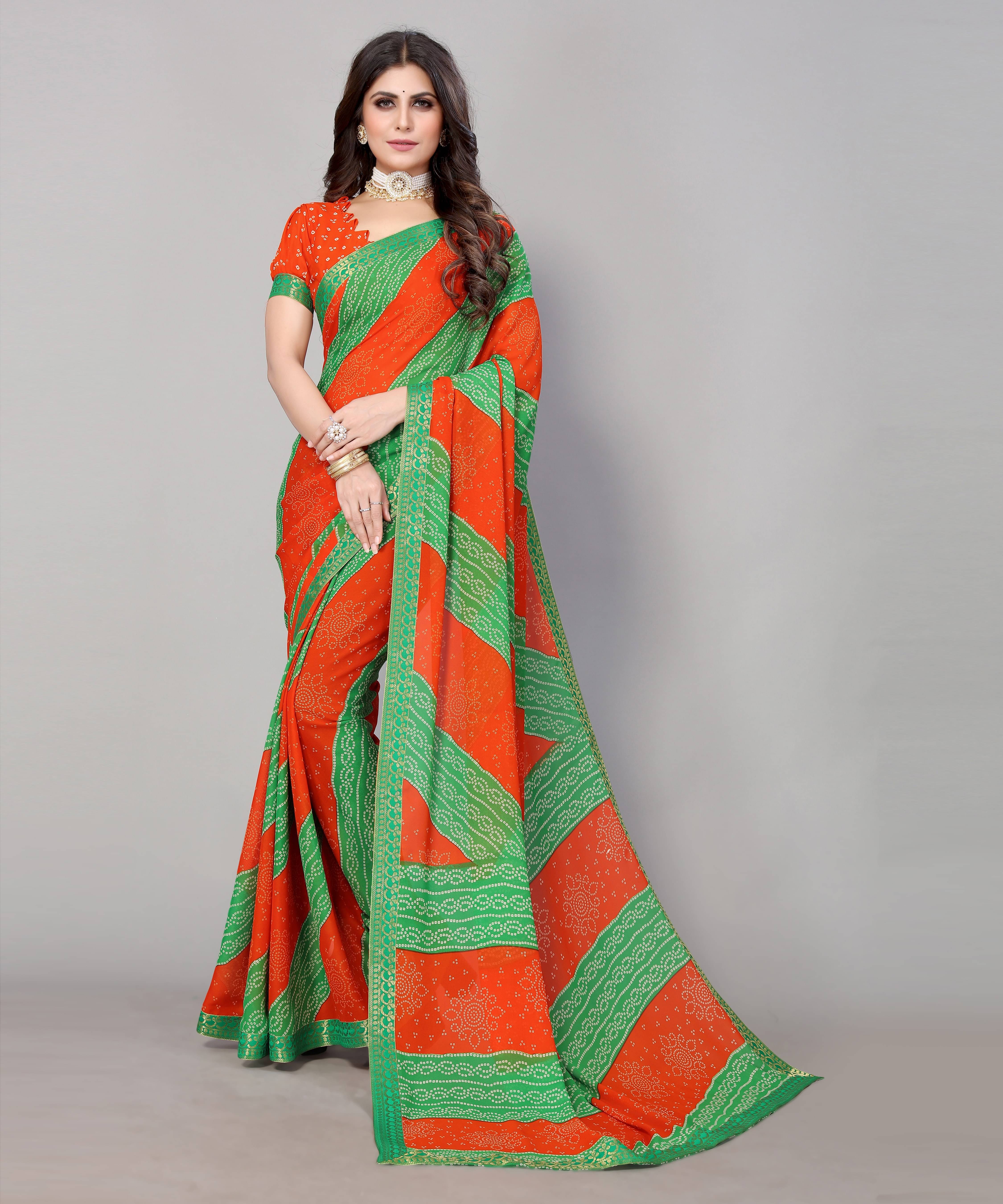     			Yashika Georgette Printed Saree With Unstitched Blouse Piece ( Red )