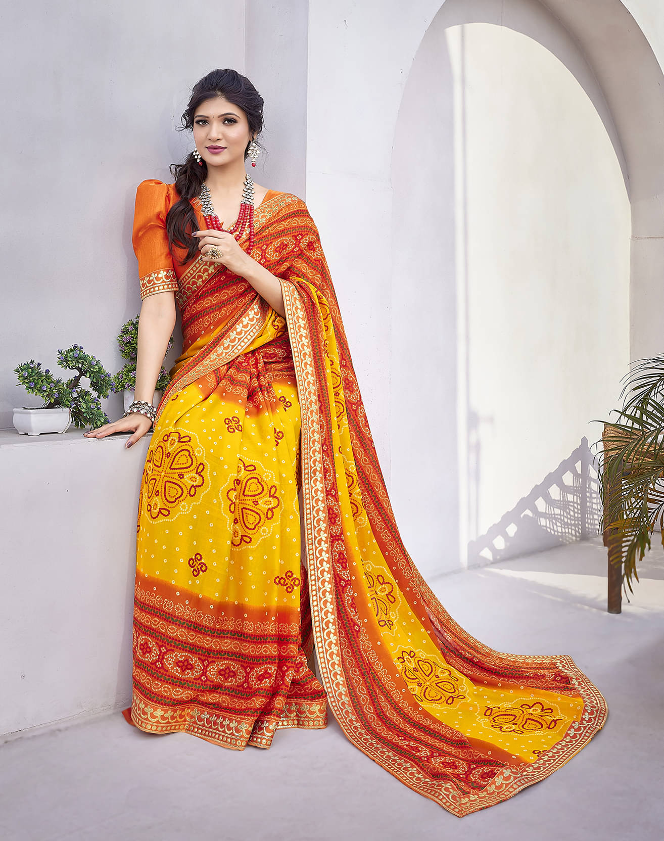     			Yashika Georgette Printed Saree With Unstitched Blouse Piece ( Yellow )