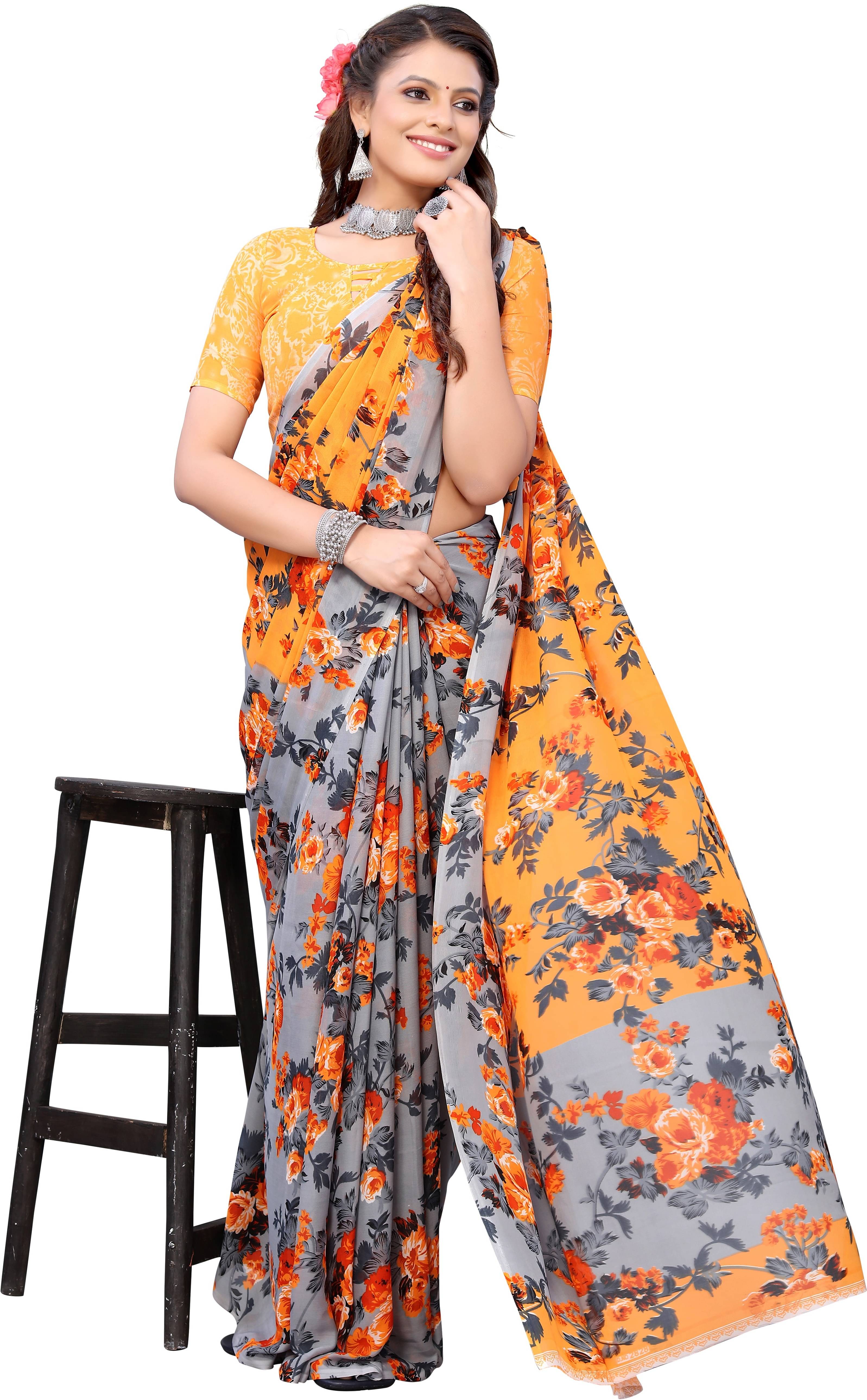 Yashika Georgette Printed Saree With Unstitched Blouse Piece ( Orange ) Yashika Georgette Printed Saree With Unstitched Blouse Piece ( Orange )