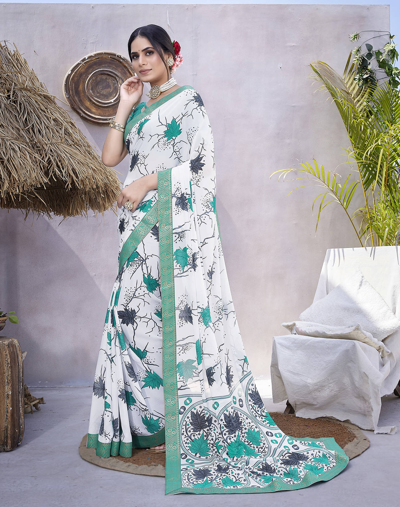     			Yashika Georgette Printed Saree With Unstitched Blouse Piece ( Blue )