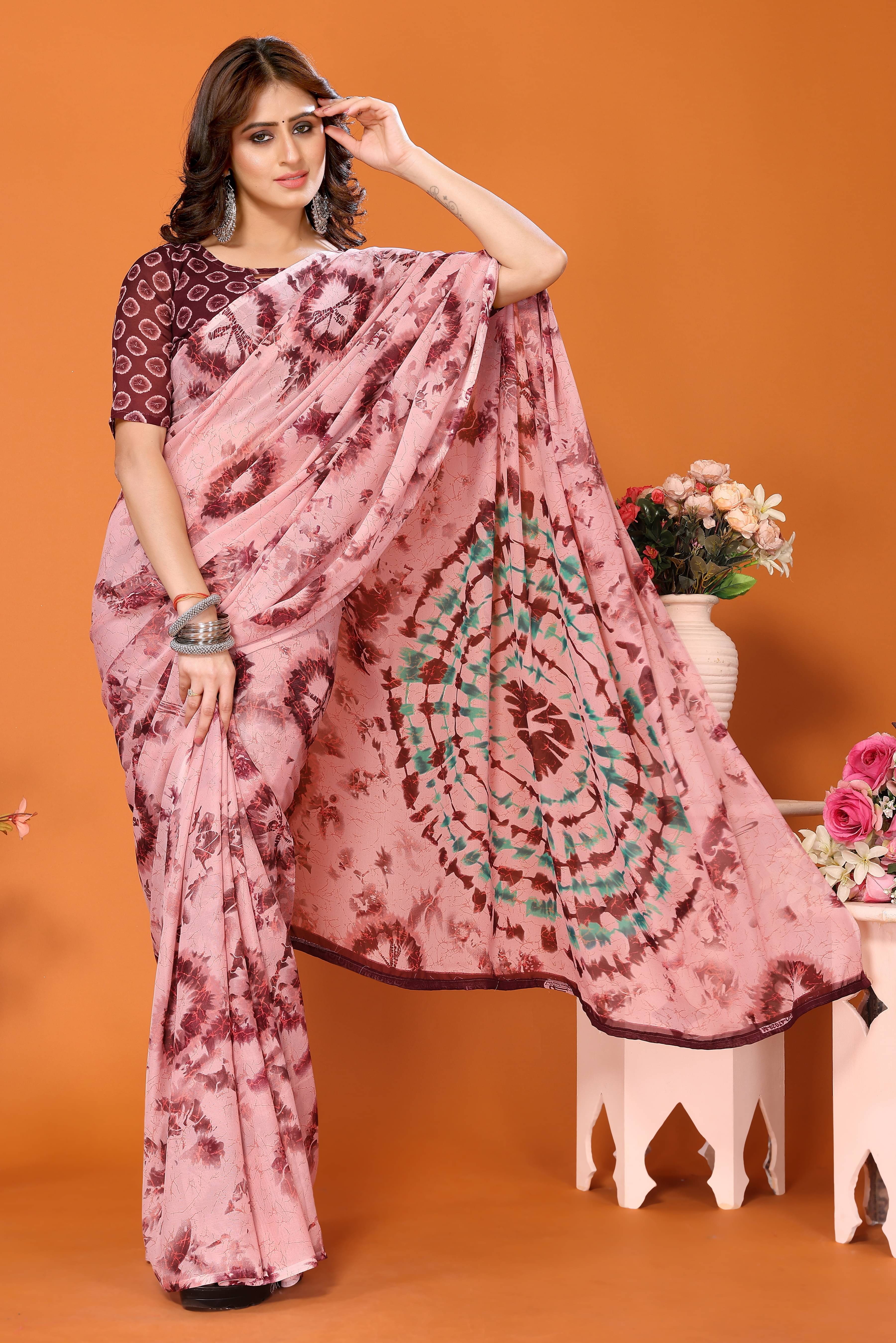     			Yashika Georgette Printed Saree With Unstitched Blouse Piece ( Purple )