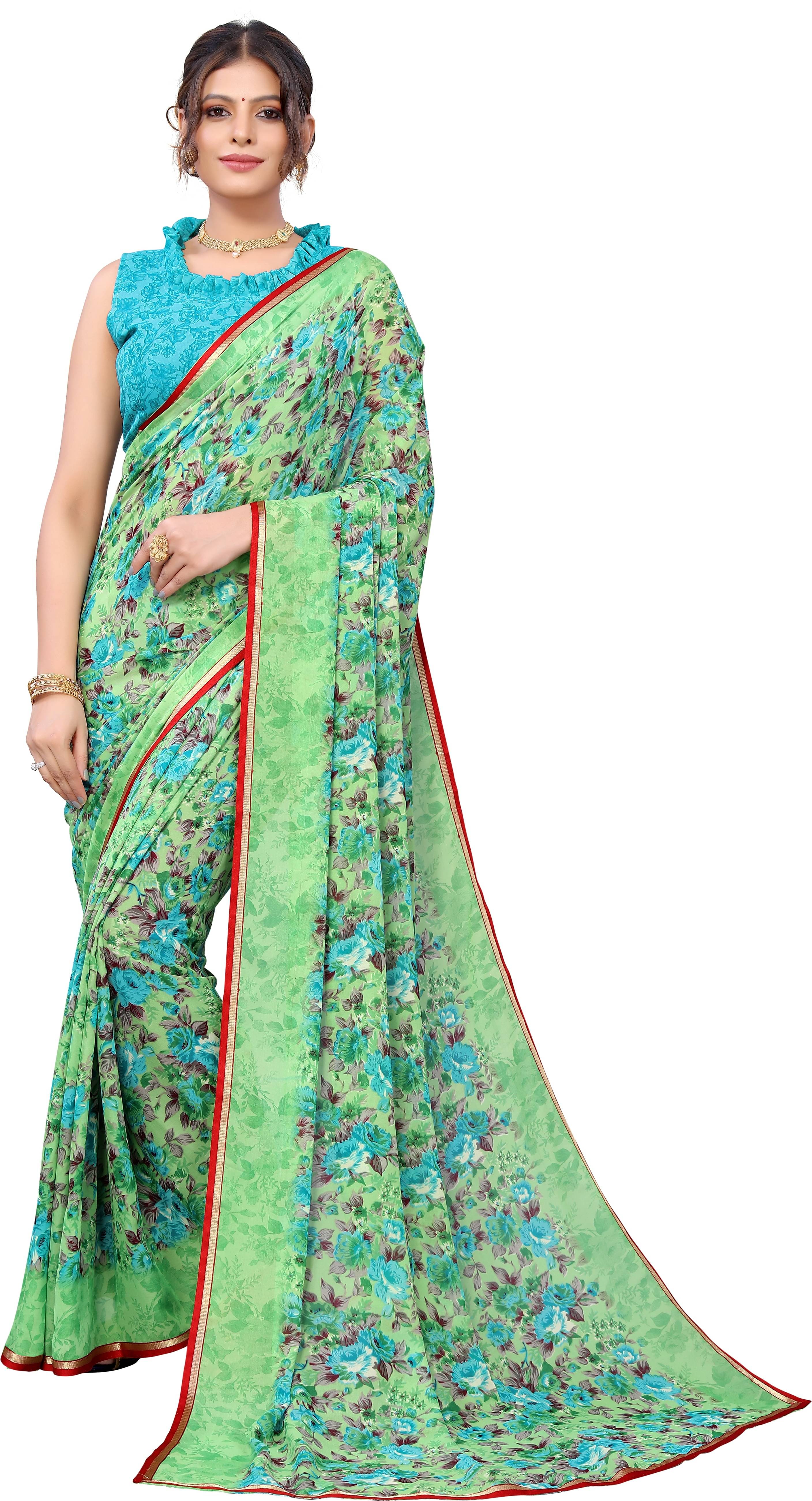 Yashika Georgette Printed Saree With Unstitched Blouse Piece ( Green ) Yashika Georgette Printed Saree With Unstitched Blouse Piece ( Green )