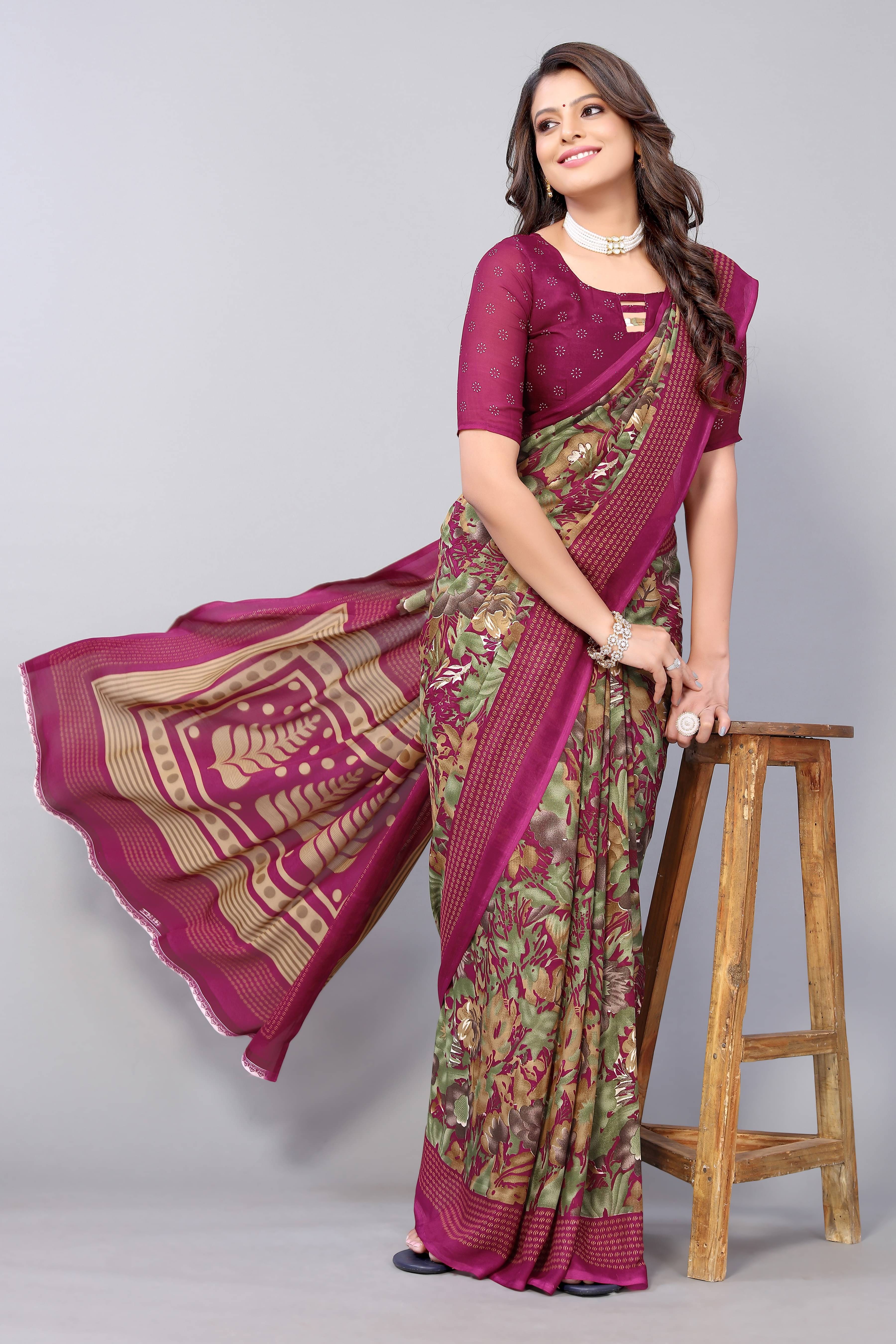 Yashika Georgette Printed Saree With Unstitched Blouse Piece ( Green ) Yashika Georgette Printed Saree With Unstitched Blouse Piece ( Green )