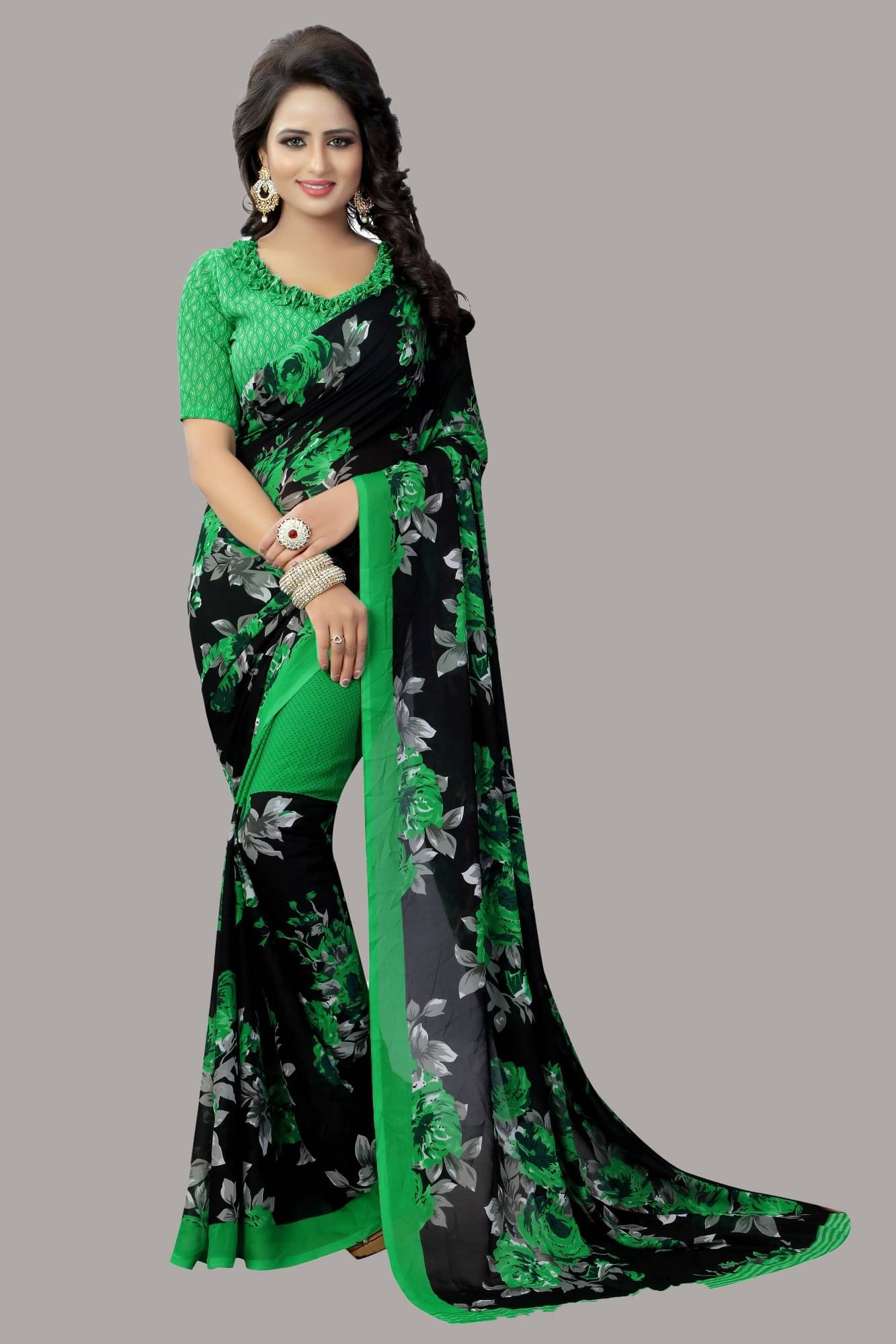     			Yashika Georgette Printed Saree With Unstitched Blouse Piece ( Green )