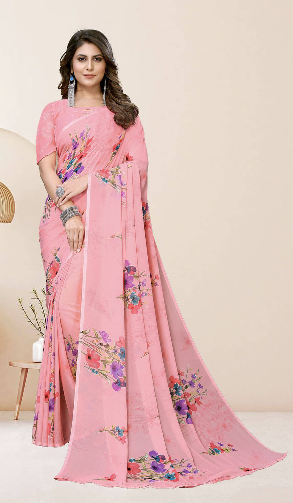     			Yashika Georgette Printed Saree With Unstitched Blouse Piece ( Pink )