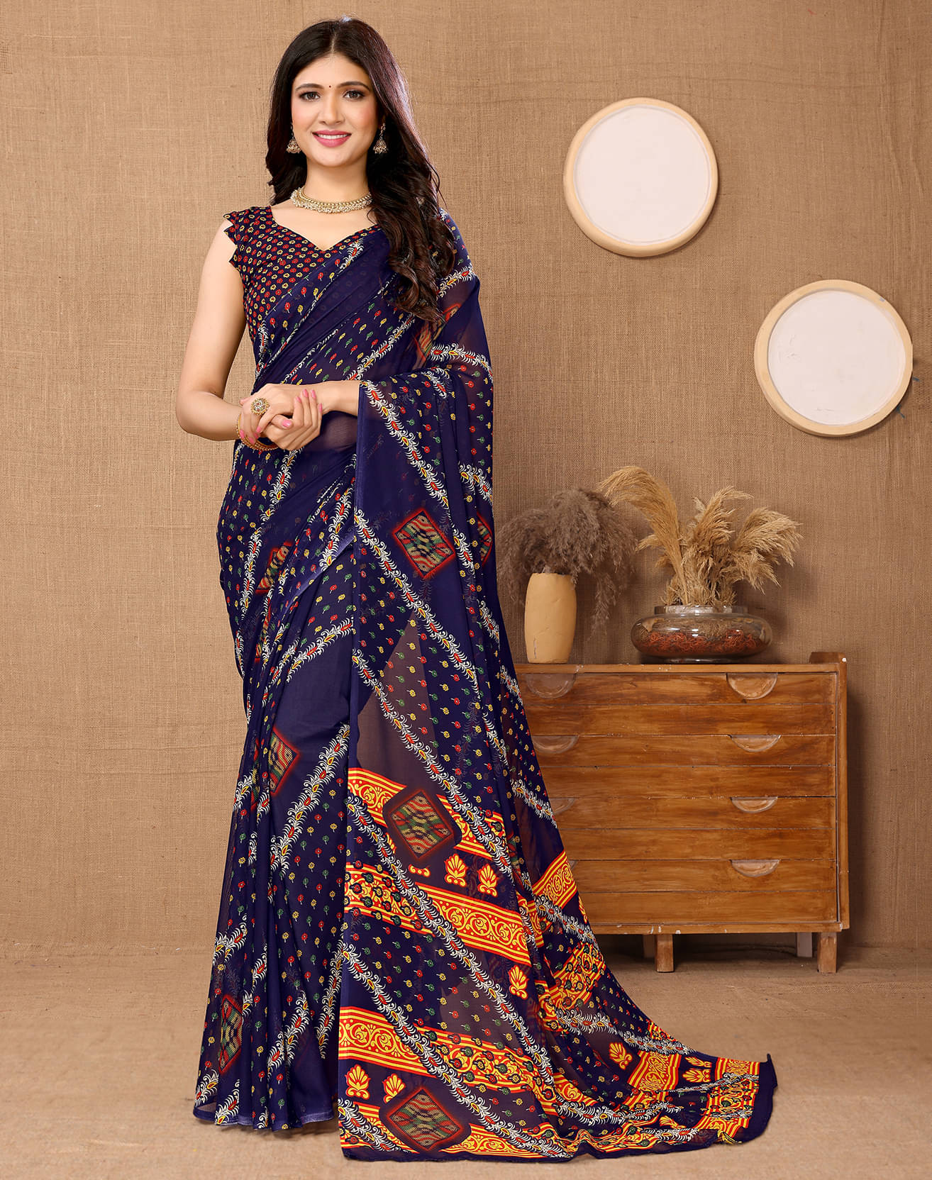    			Yashika Georgette Printed Saree With Unstitched Blouse Piece ( Blue )