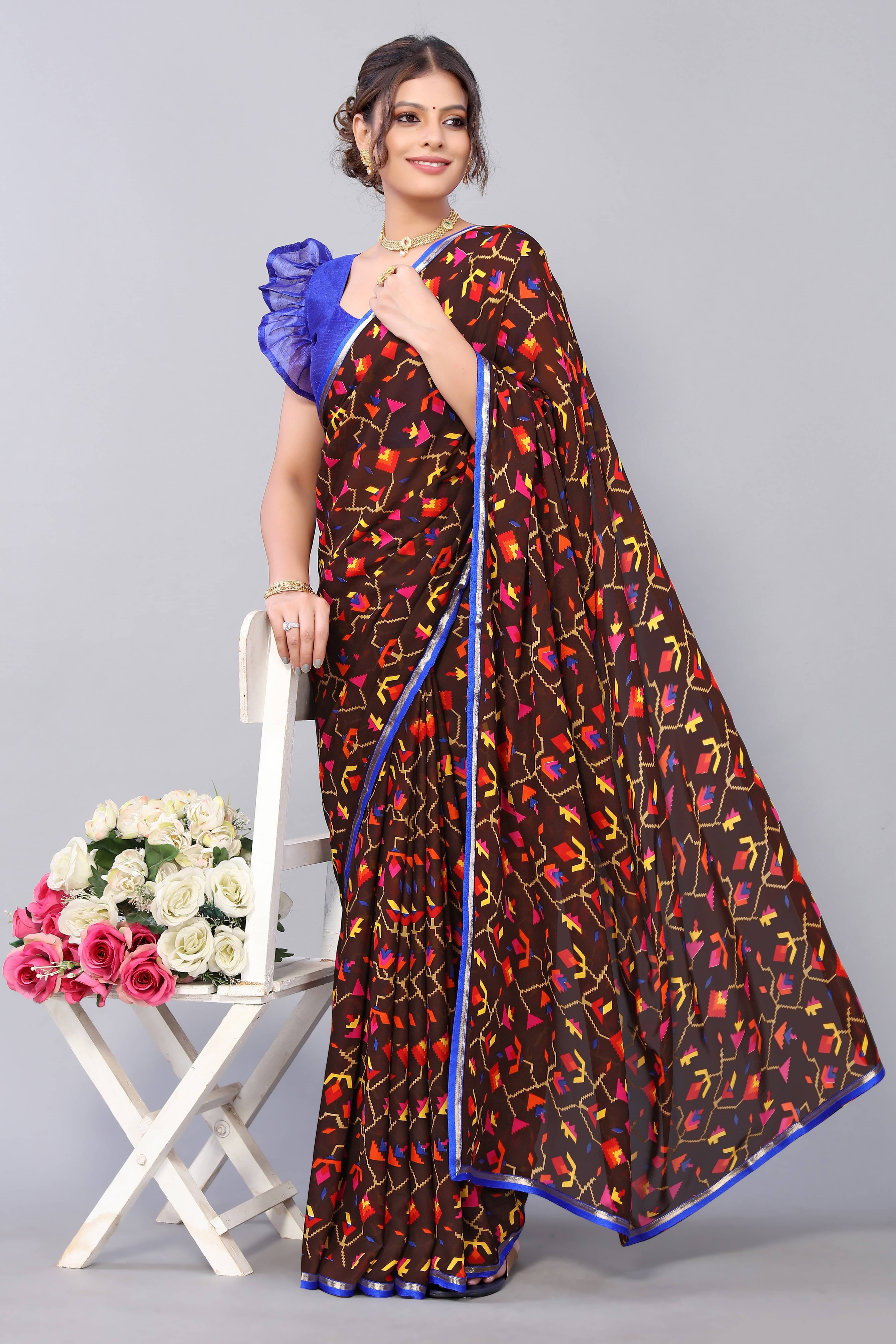 Yashika Georgette Printed Saree With Unstitched Blouse Piece ( Brown )     			Yashika Georgette Printed Saree With Unstitched Blouse Piece ( Brown )
