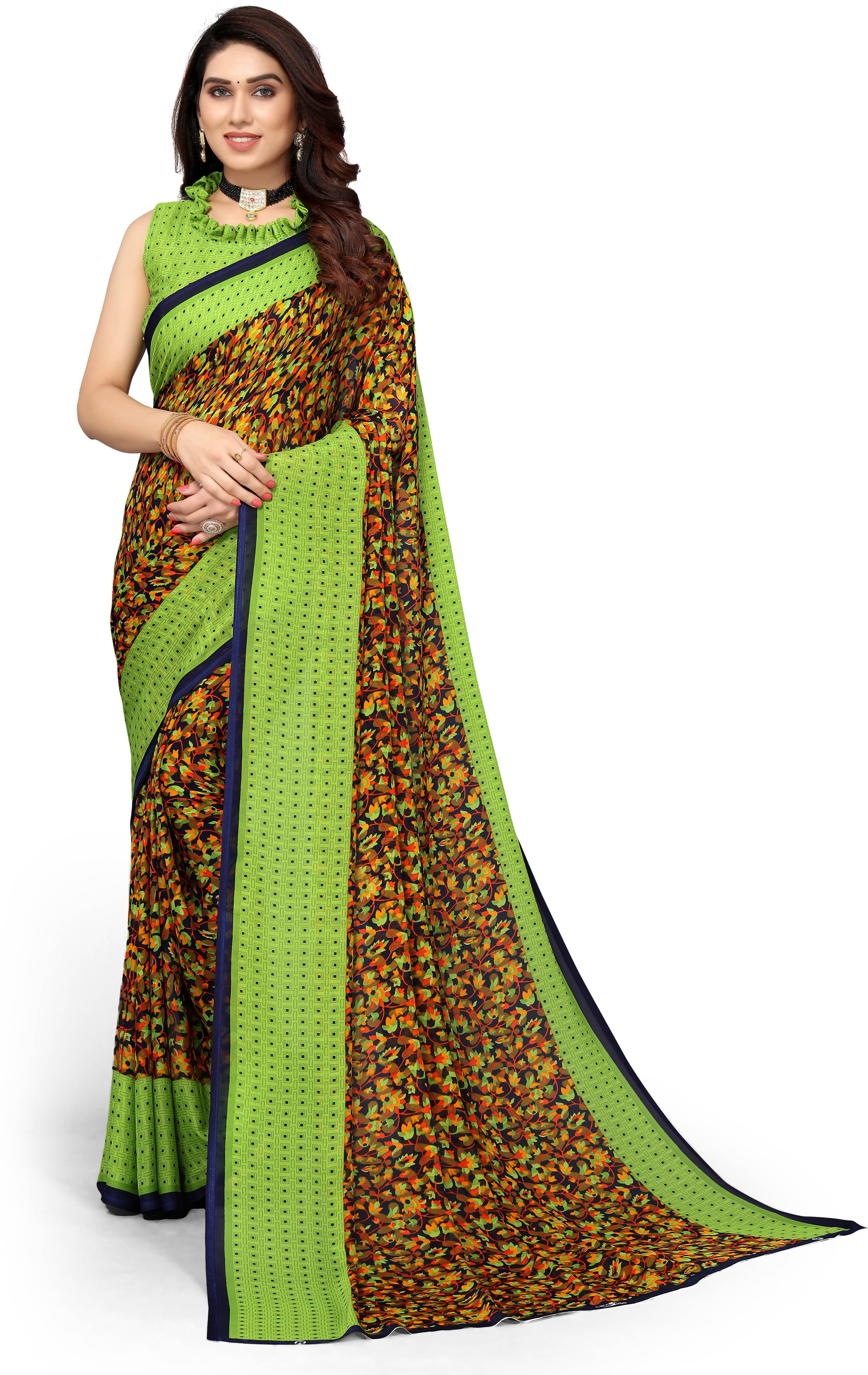     			Yashika Georgette Printed Saree With Unstitched Blouse Piece ( Light Green )
