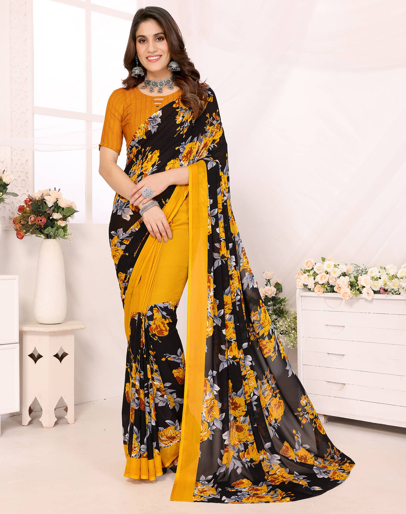     			Yashika Georgette Printed Saree With Unstitched Blouse Piece ( Yellow )