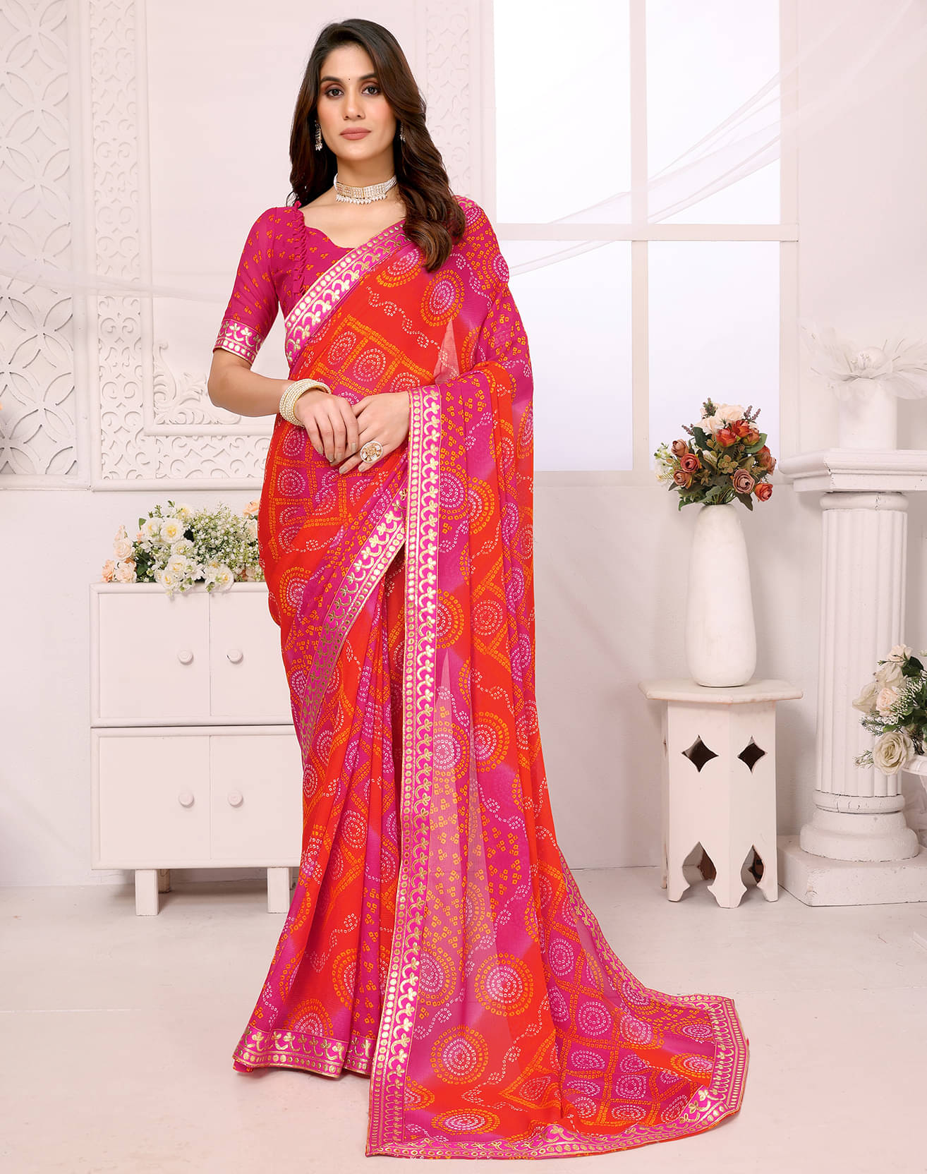     			Yashika Georgette Printed Saree With Unstitched Blouse Piece ( Pink )