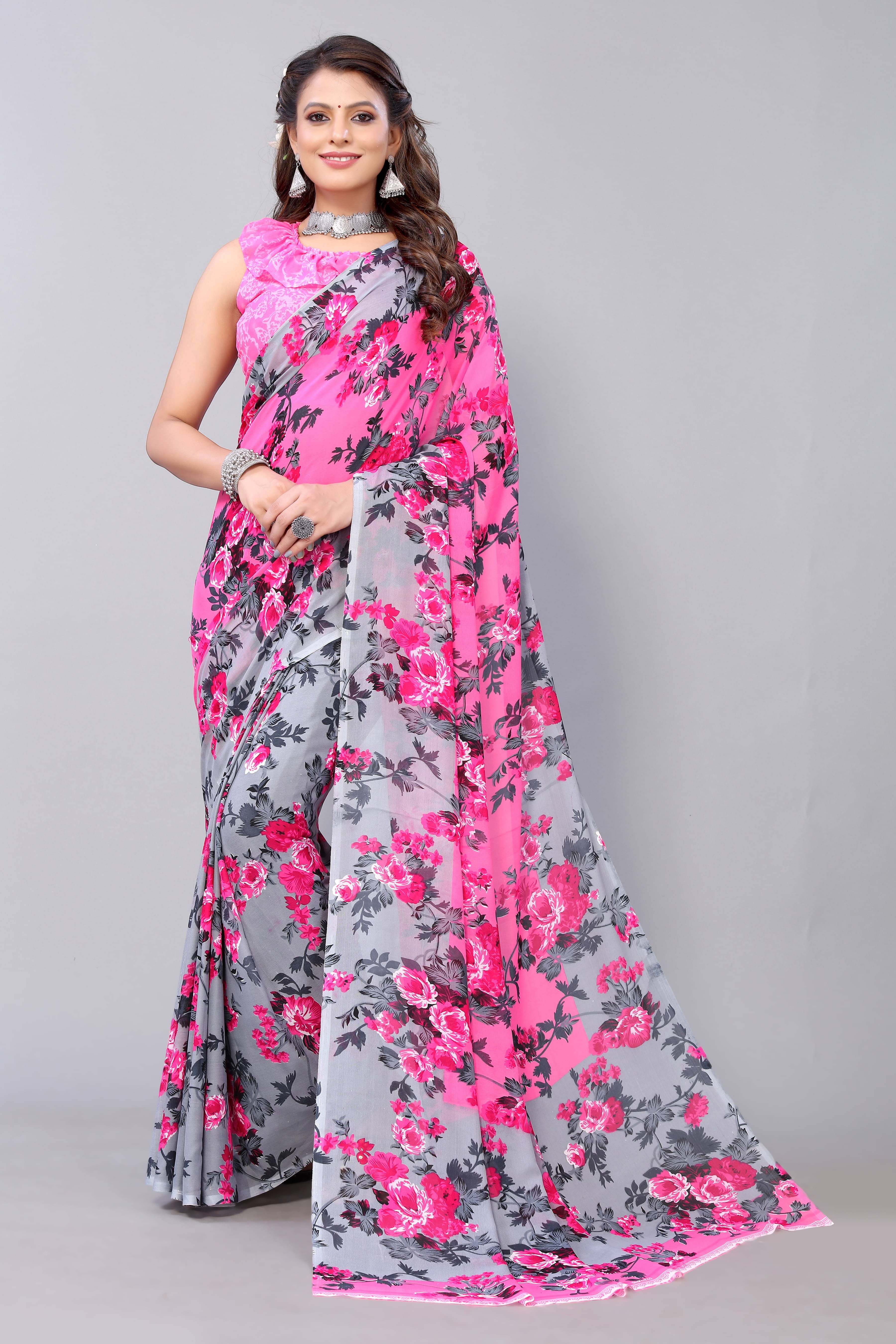     			Yashika Georgette Printed Saree With Unstitched Blouse Piece ( Pink )