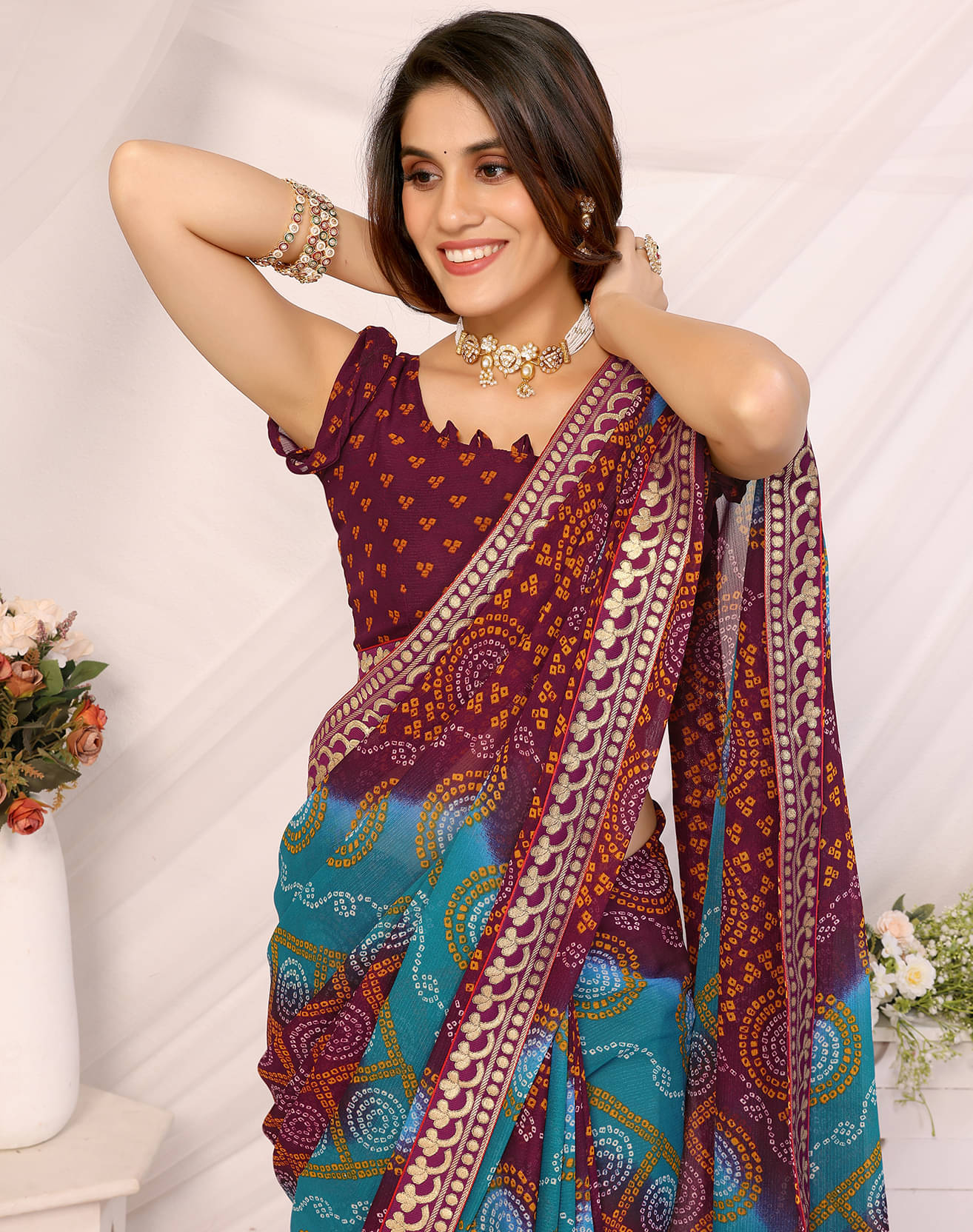 Yashika Georgette Printed Saree With Unstitched Blouse Piece ( Brown )     			Yashika Georgette Printed Saree With Unstitched Blouse Piece ( Brown )
