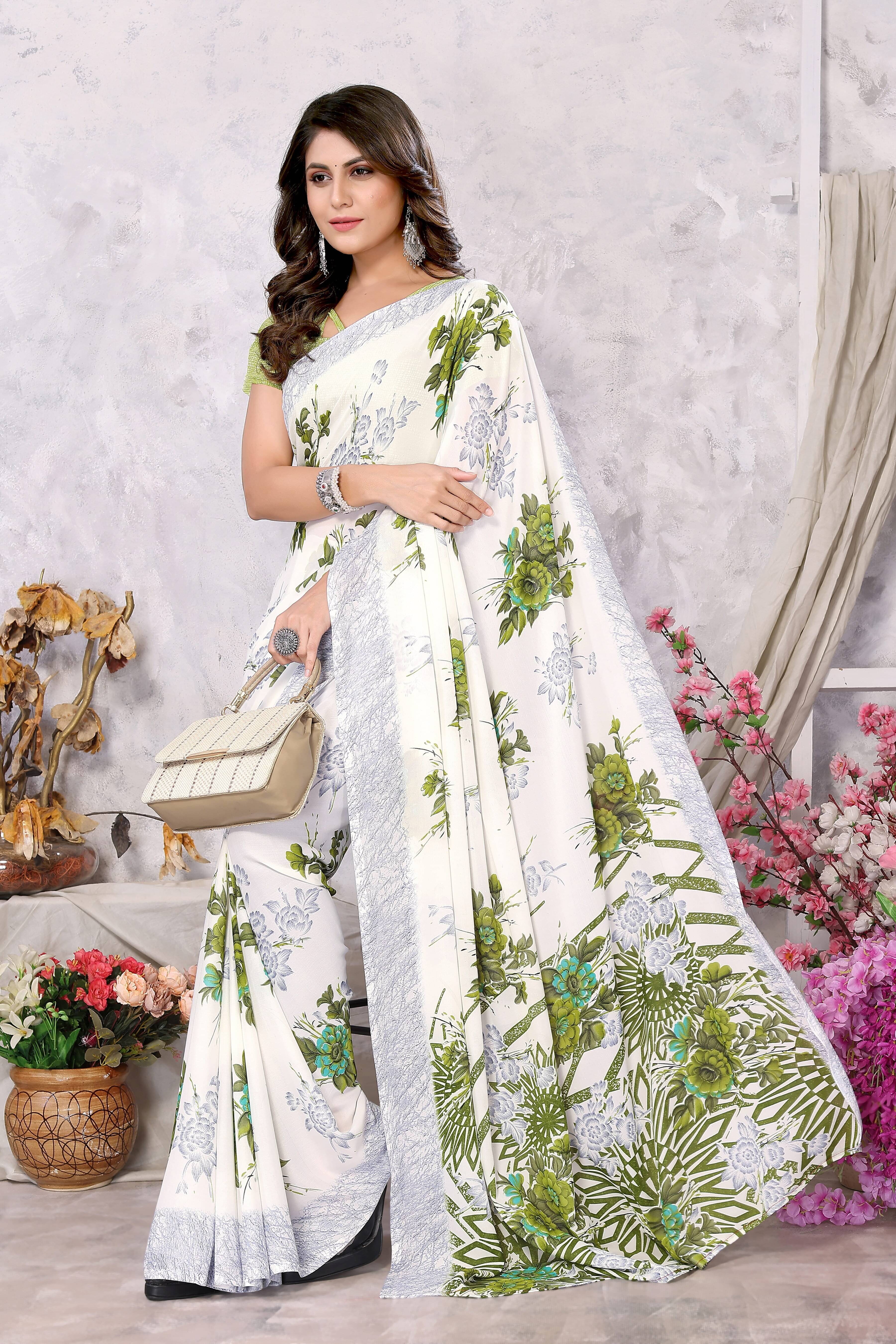     			Yashika Georgette Printed Saree With Unstitched Blouse Piece ( Green )