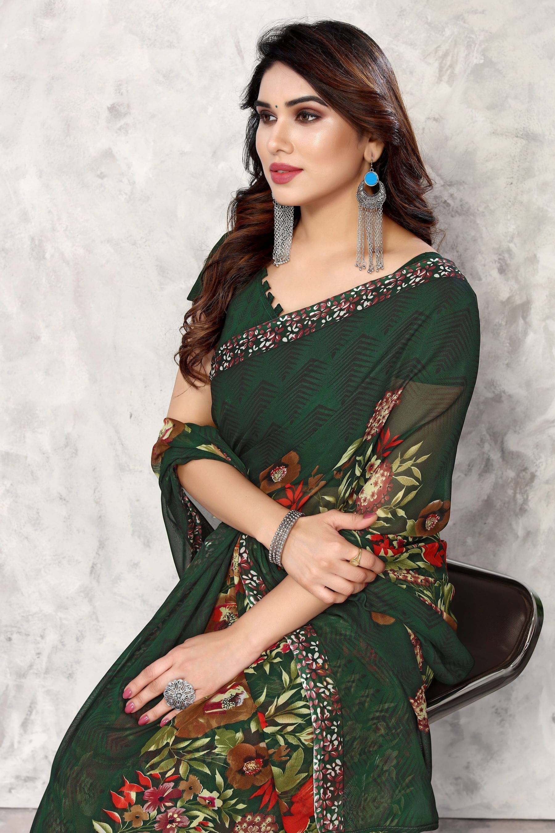     			Yashika Georgette Printed Saree With Unstitched Blouse Piece ( Green )
