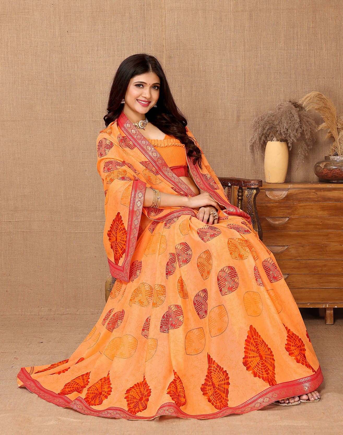 Yashika Georgette Printed Saree With Unstitched Blouse Piece ( Orange ) Yashika Georgette Printed Saree With Unstitched Blouse Piece ( Orange )