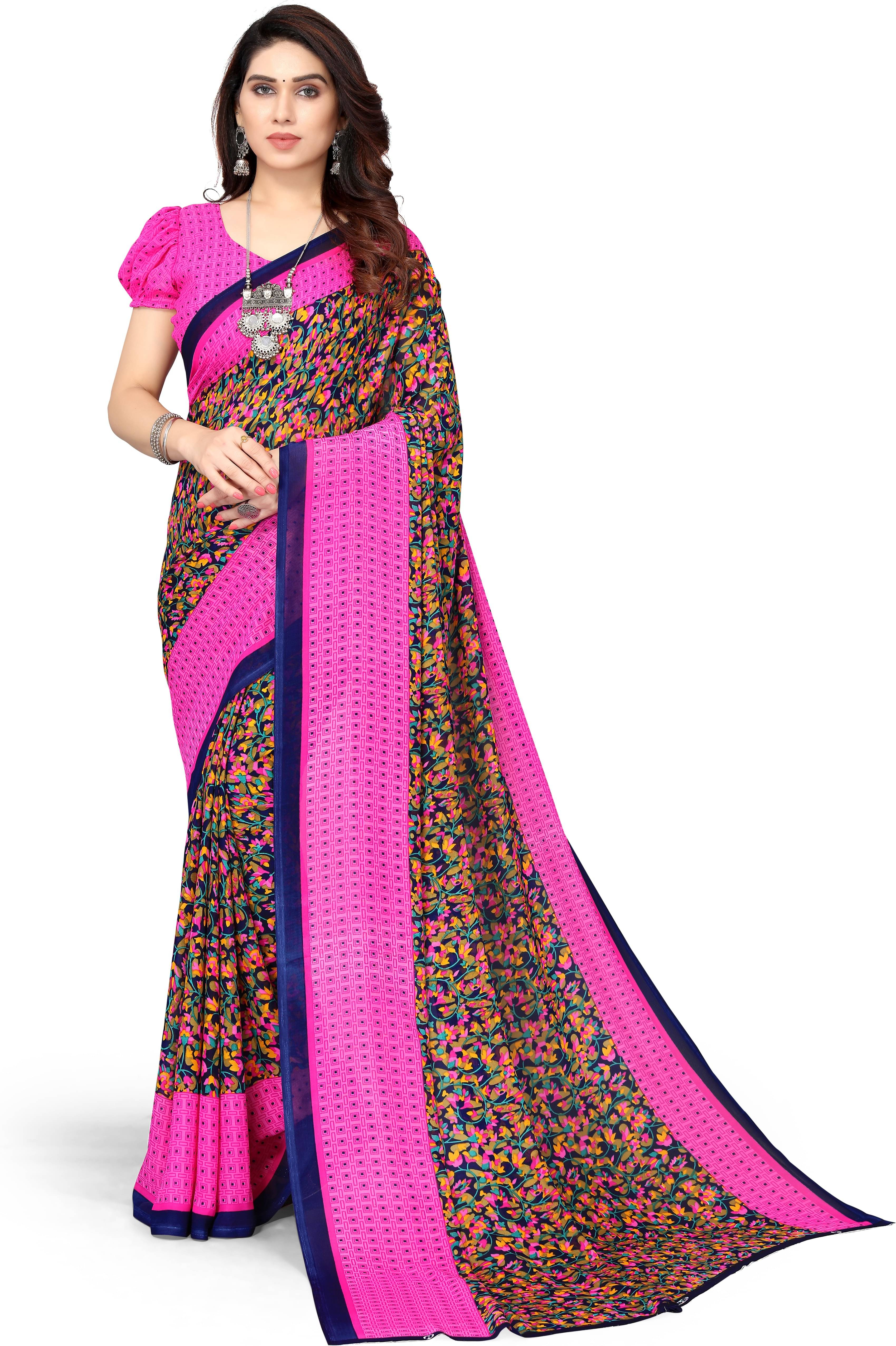 Yashika Georgette Printed Saree With Unstitched Blouse Piece ( Pink ) Yashika Georgette Printed Saree With Unstitched Blouse Piece ( Pink )