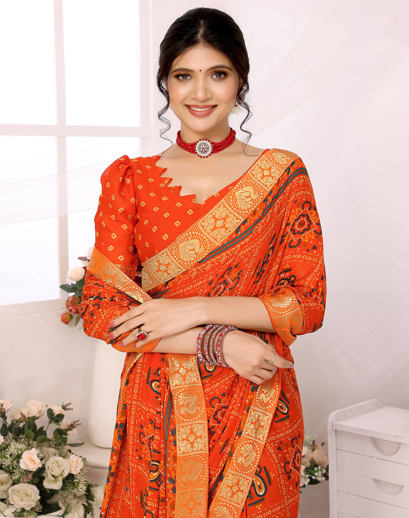 Yashika Georgette Printed Saree With Unstitched Blouse Piece ( Orange ) Yashika Georgette Printed Saree With Unstitched Blouse Piece ( Orange )