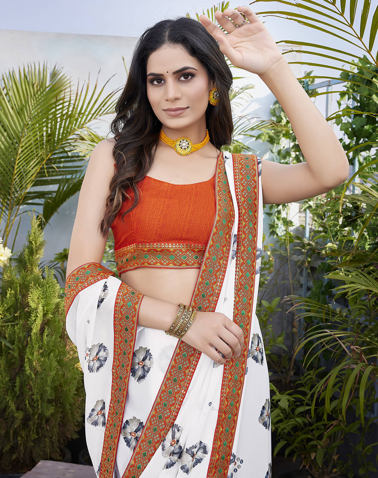     			Yashika Georgette Printed Saree With Unstitched Blouse Piece ( Orange )