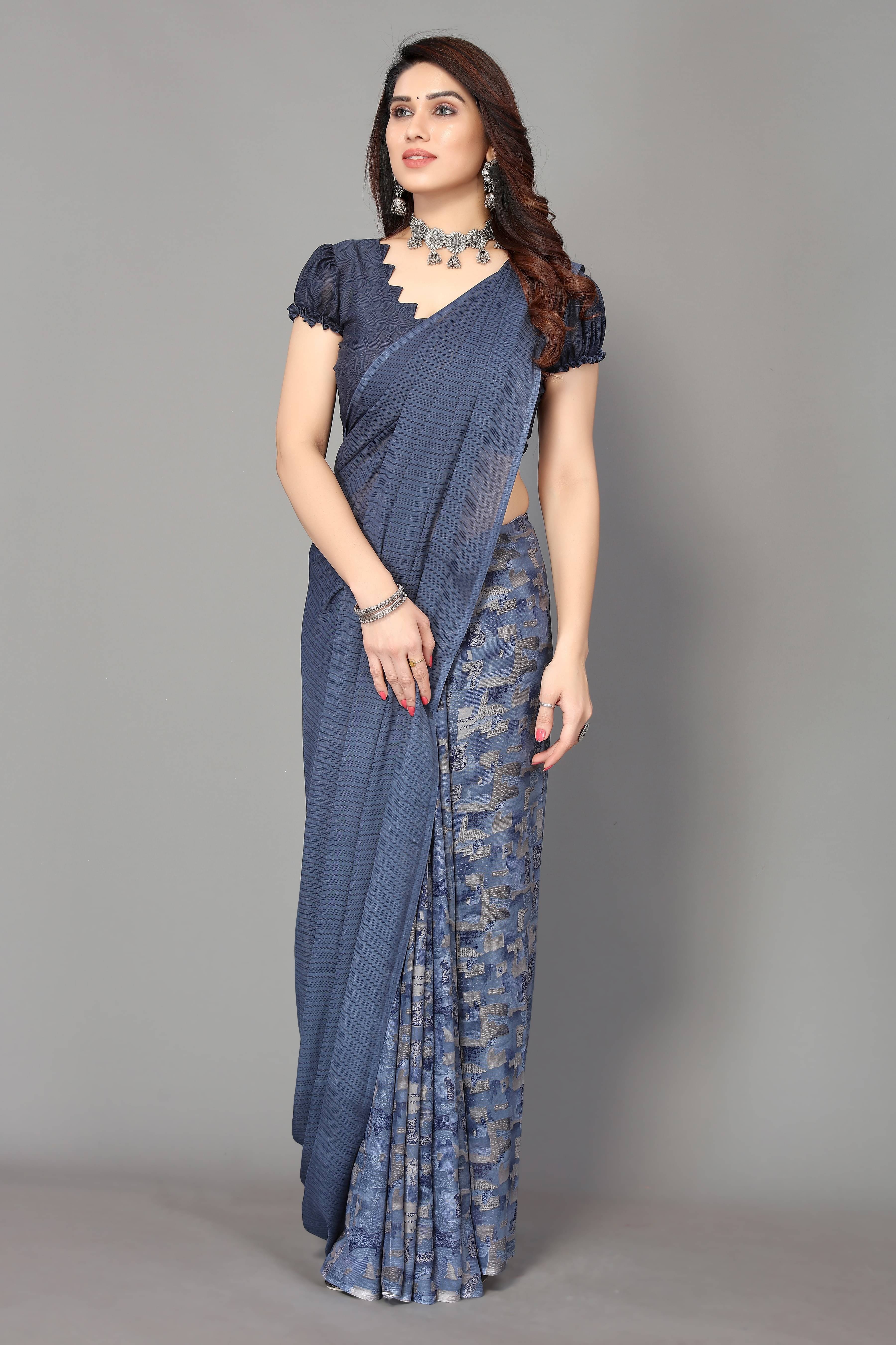 Yashika Georgette Printed Saree With Unstitched Blouse Piece ( Blue ) Yashika Georgette Printed Saree With Unstitched Blouse Piece ( Blue )