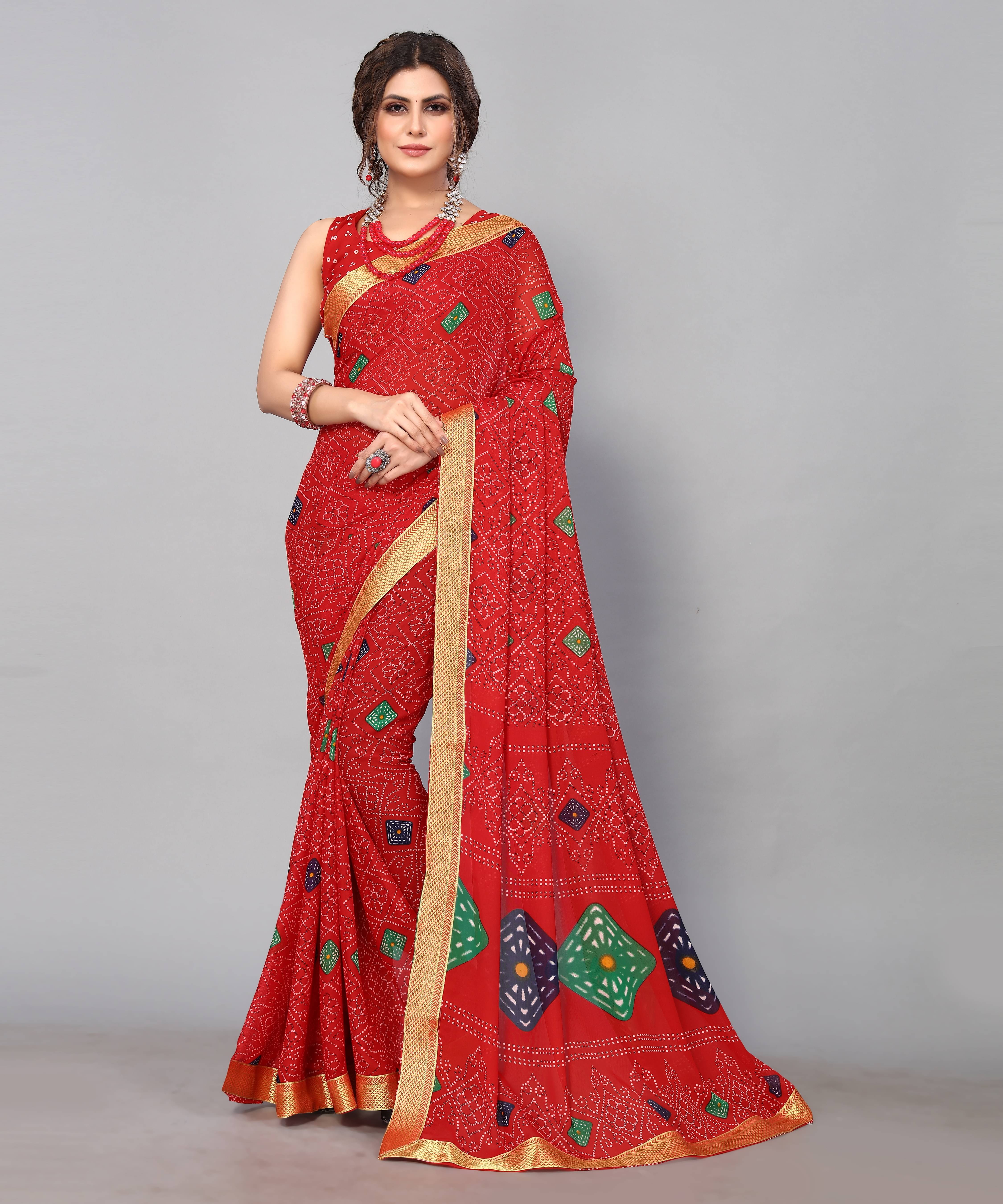     			Yashika Georgette Printed Saree With Unstitched Blouse Piece ( Red )
