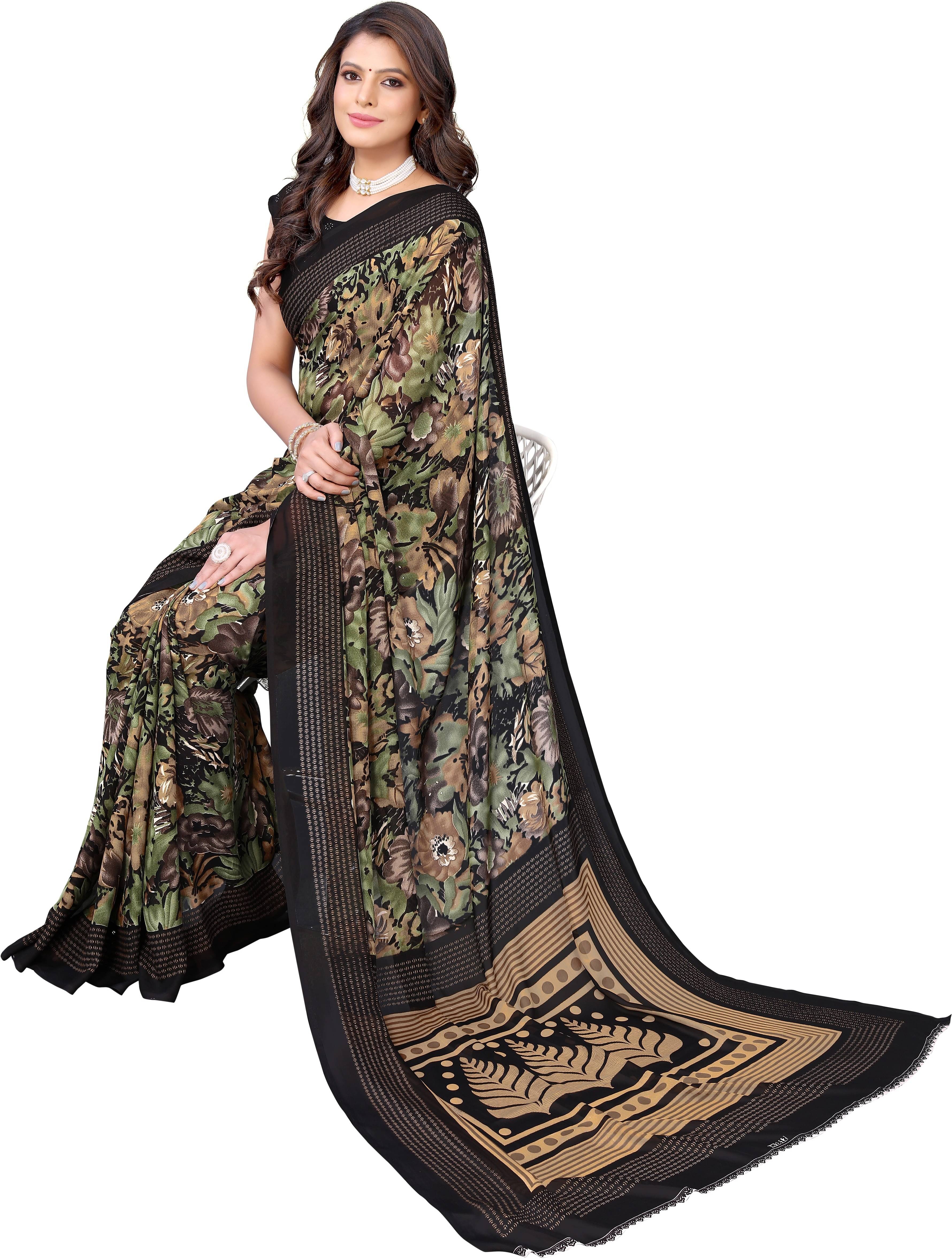     			Yashika Georgette Printed Saree With Unstitched Blouse Piece ( Black )