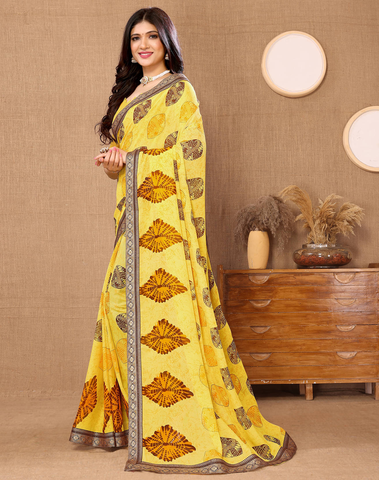 Yashika Georgette Printed Saree With Unstitched Blouse Piece ( Yellow ) Yashika Georgette Printed Saree With Unstitched Blouse Piece ( Yellow )