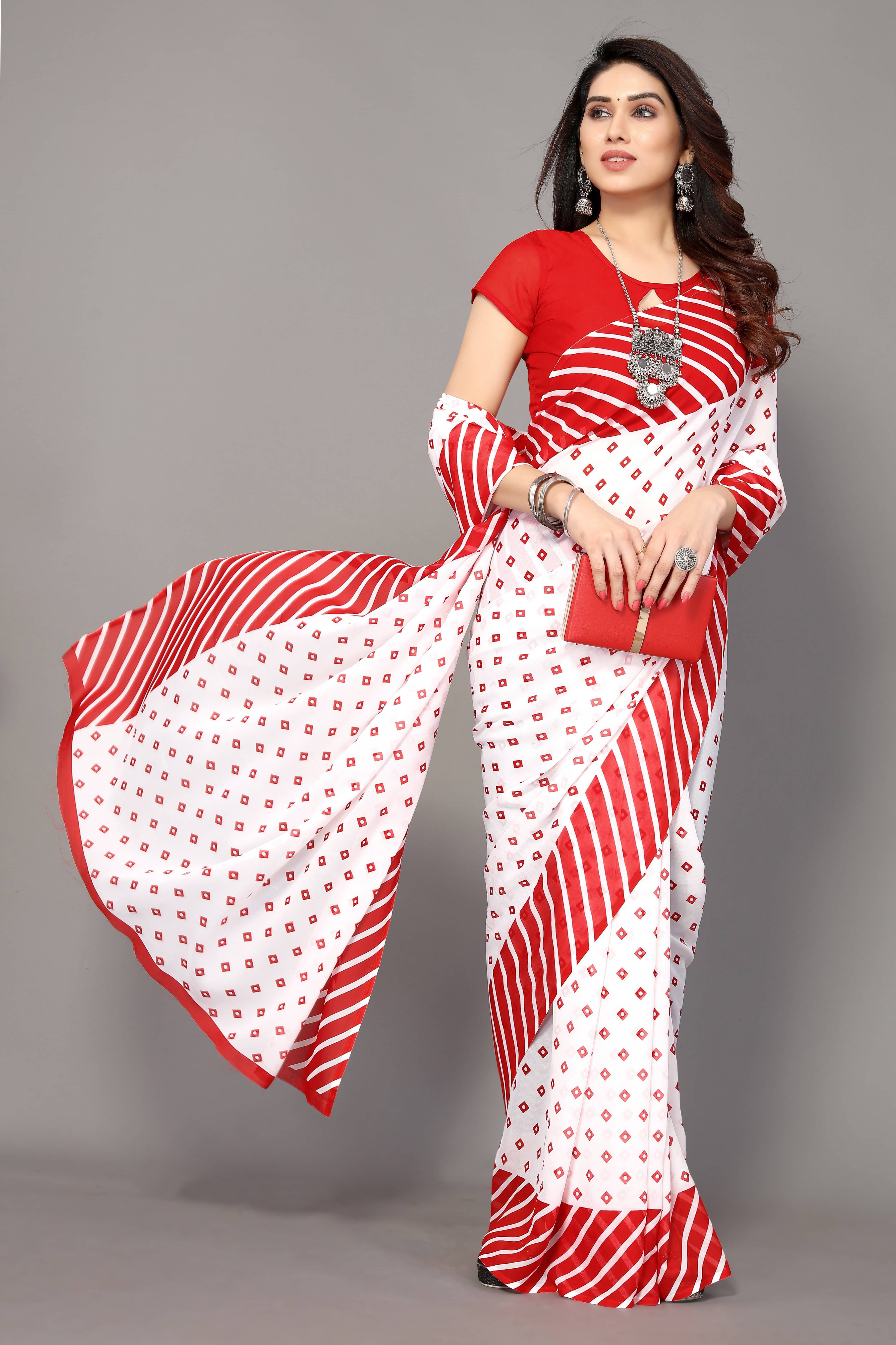     			Yashika Georgette Printed Saree With Unstitched Blouse Piece ( Red )