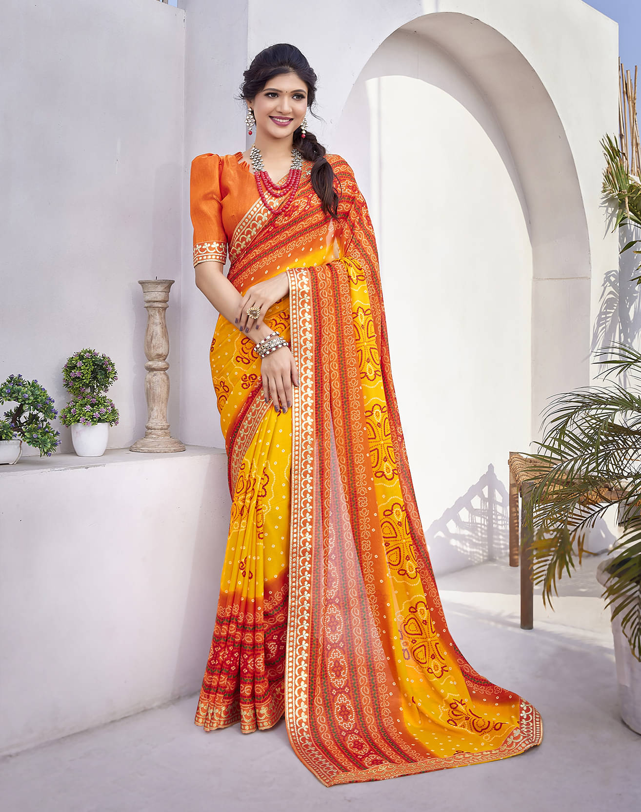 Yashika Georgette Printed Saree With Unstitched Blouse Piece ( Orange ) Yashika Georgette Printed Saree With Unstitched Blouse Piece ( Orange )