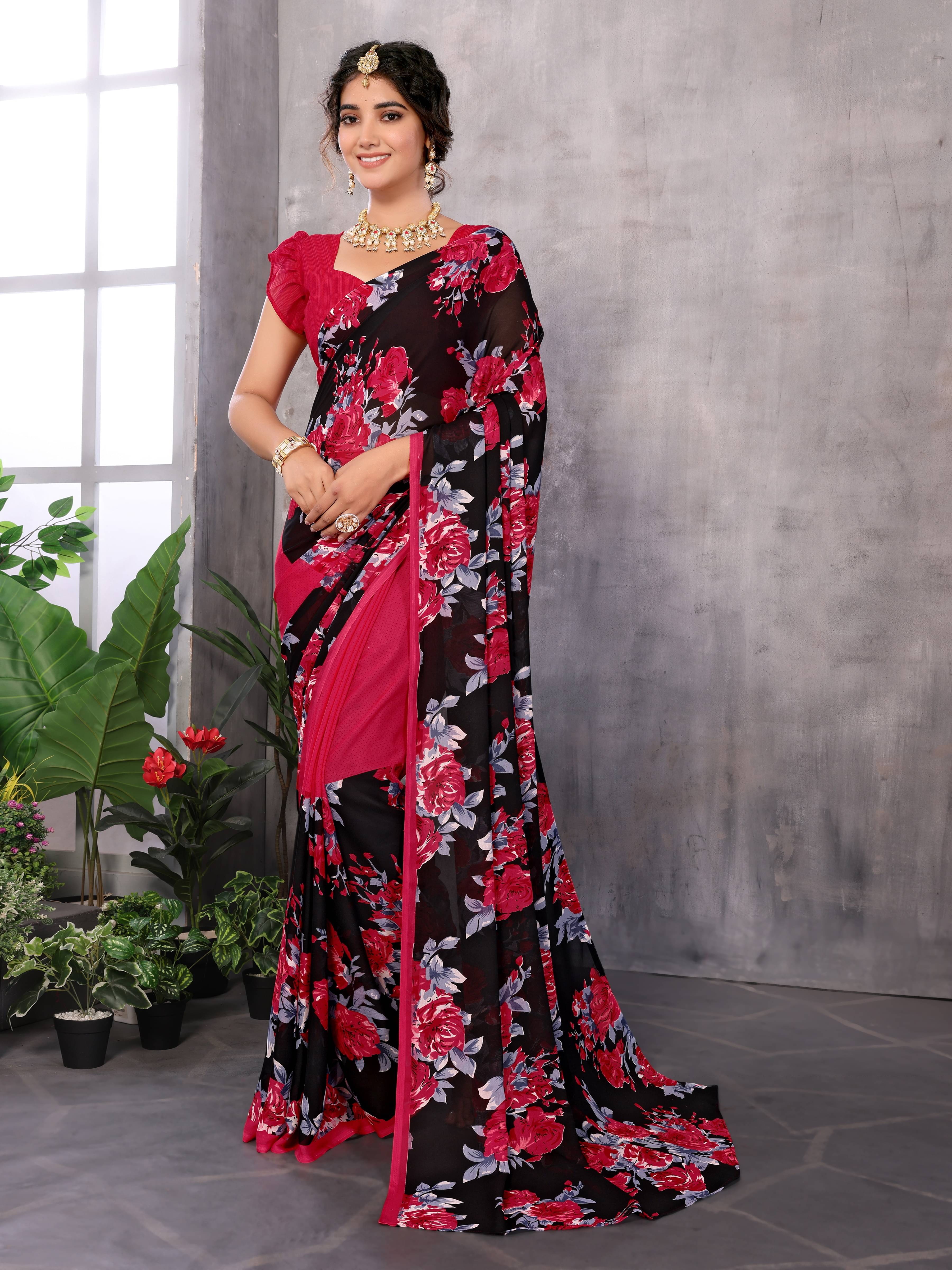 Yashika Georgette Printed Saree With Unstitched Blouse Piece ( Pink ) Yashika Georgette Printed Saree With Unstitched Blouse Piece ( Pink )