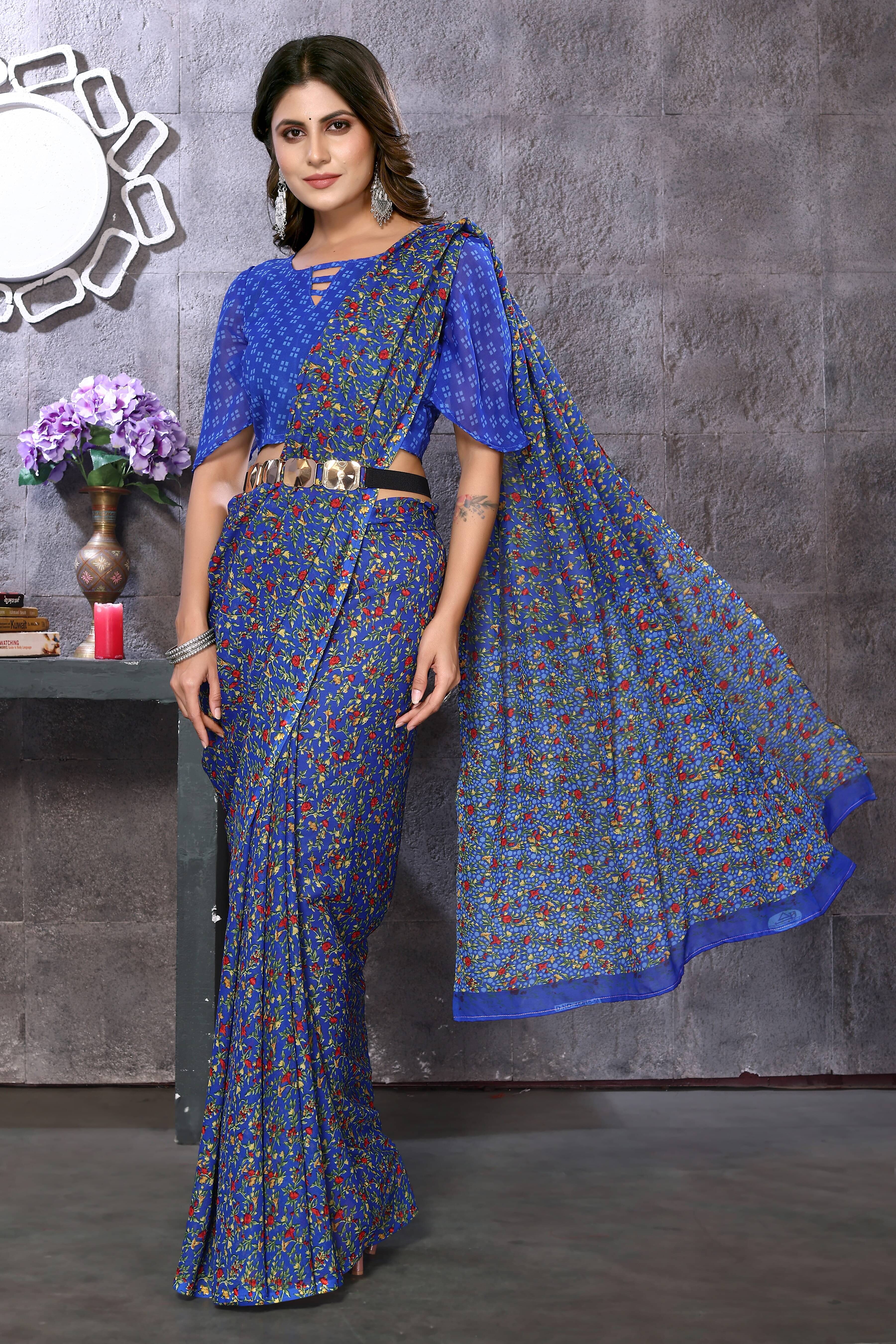 Yashika Georgette Printed Saree With Unstitched Blouse Piece ( Blue )     			Yashika Georgette Printed Saree With Unstitched Blouse Piece ( Blue )