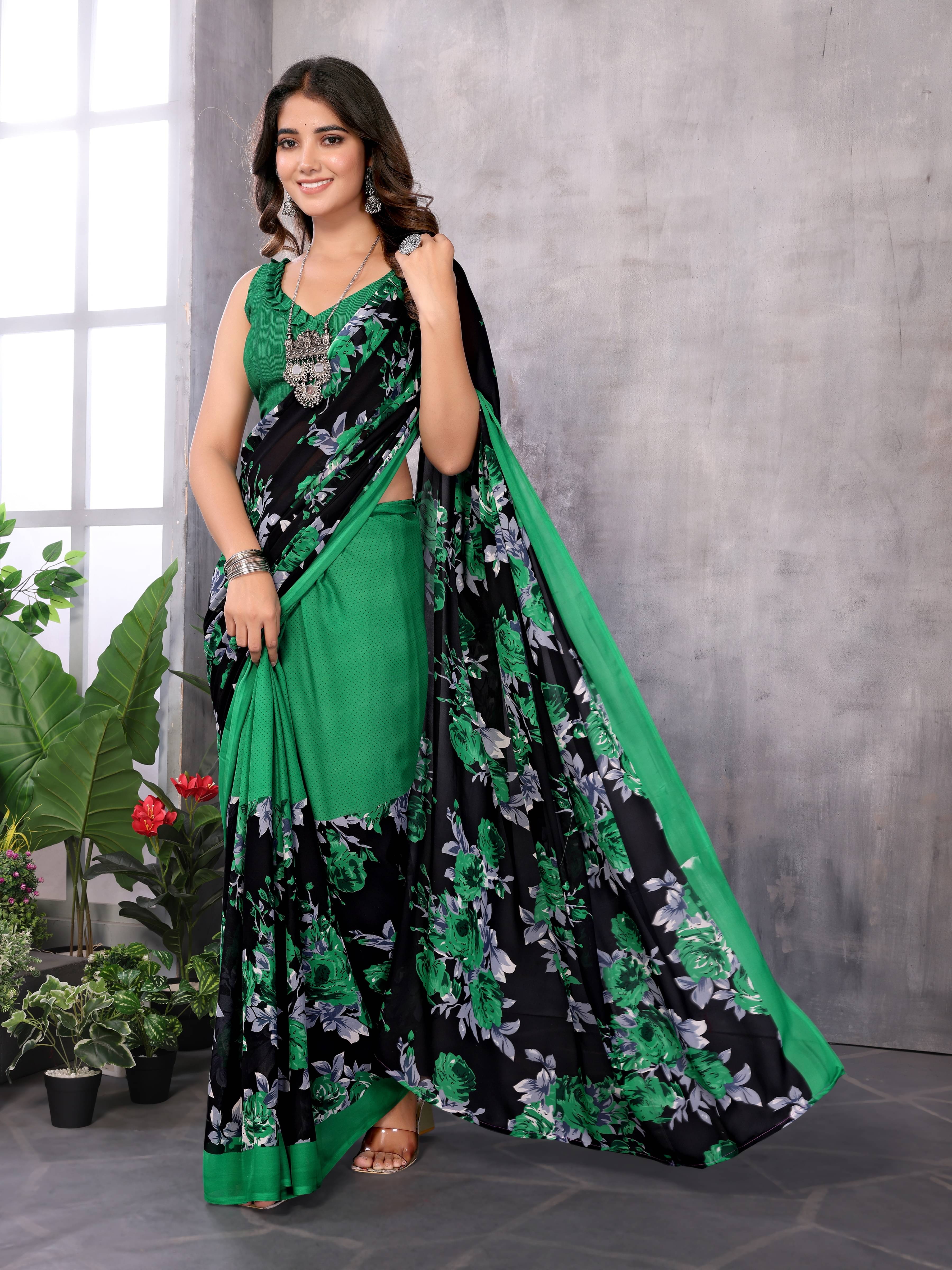 Yashika Georgette Printed Saree With Unstitched Blouse Piece ( Green ) Yashika Georgette Printed Saree With Unstitched Blouse Piece ( Green )