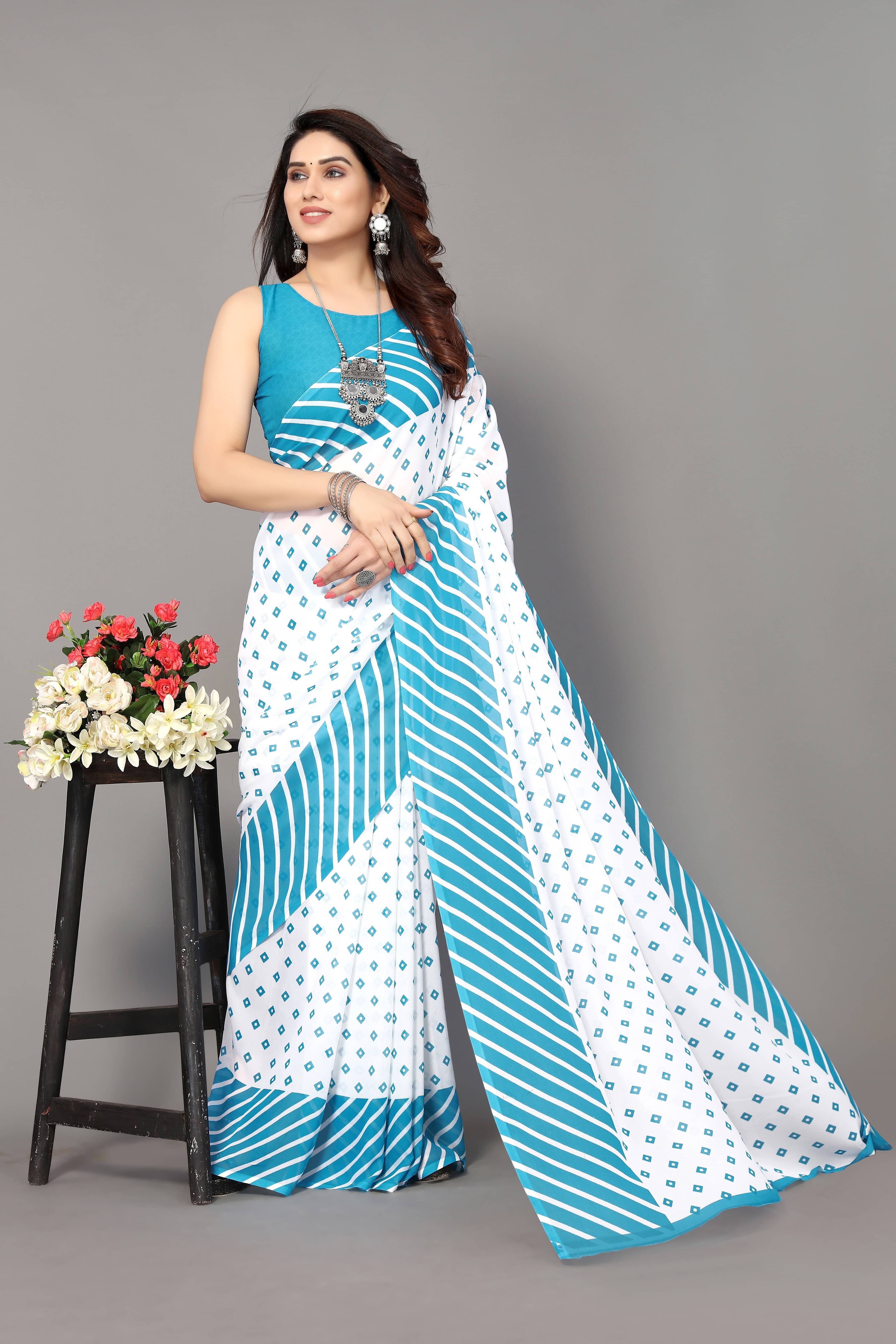     			Yashika Georgette Printed Saree With Unstitched Blouse Piece ( Light Blue )