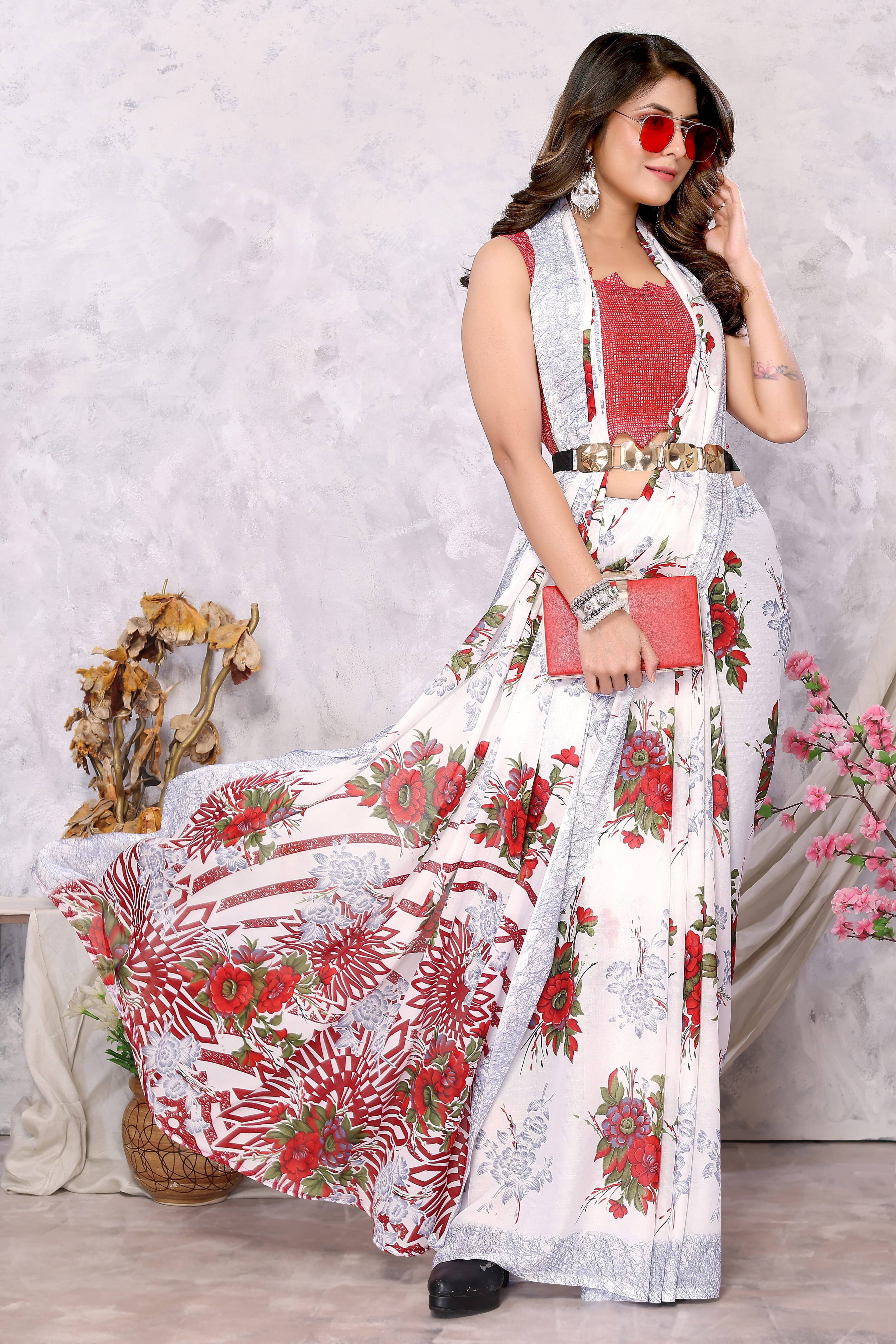     			Yashika Georgette Printed Saree With Unstitched Blouse Piece ( Red )