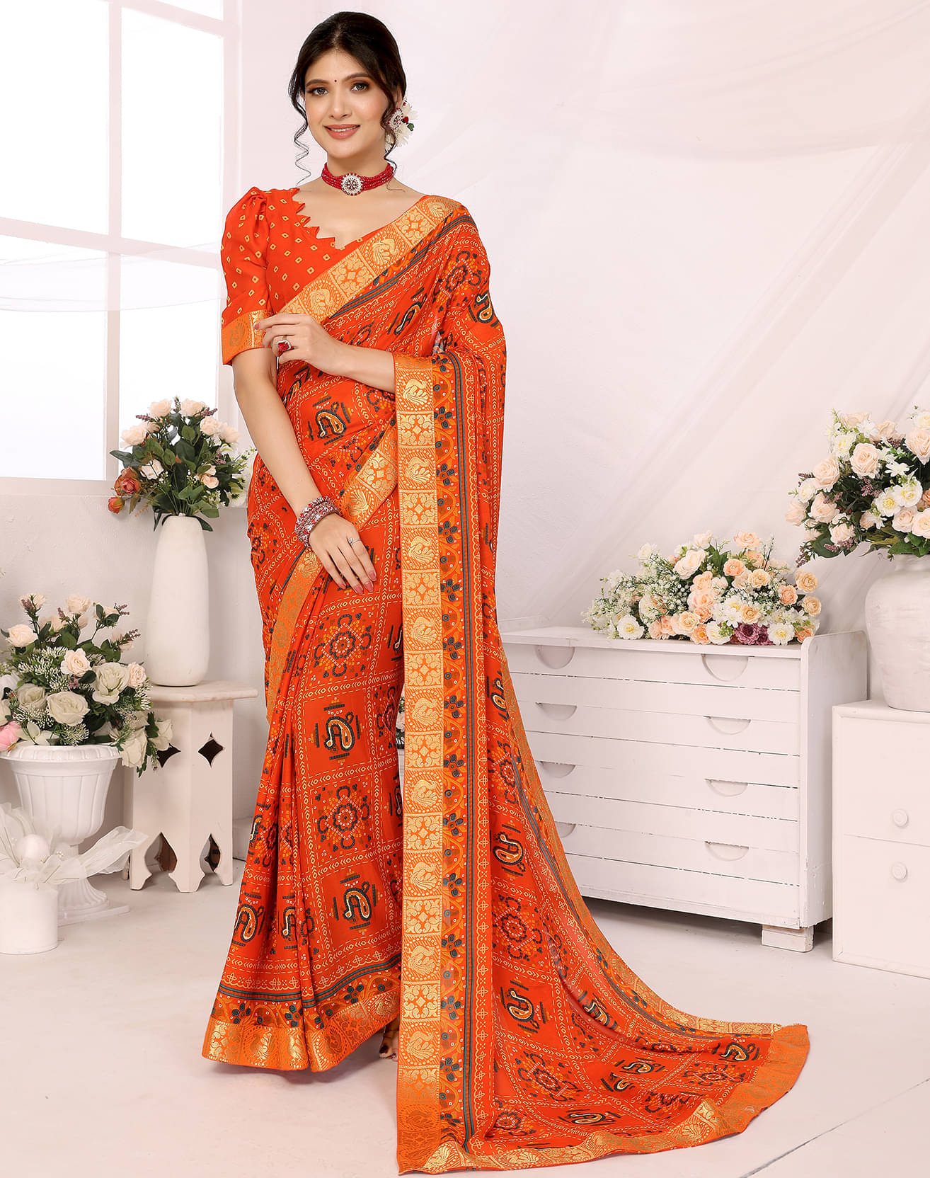 Yashika Georgette Printed Saree With Unstitched Blouse Piece ( Orange ) Yashika Georgette Printed Saree With Unstitched Blouse Piece ( Orange )