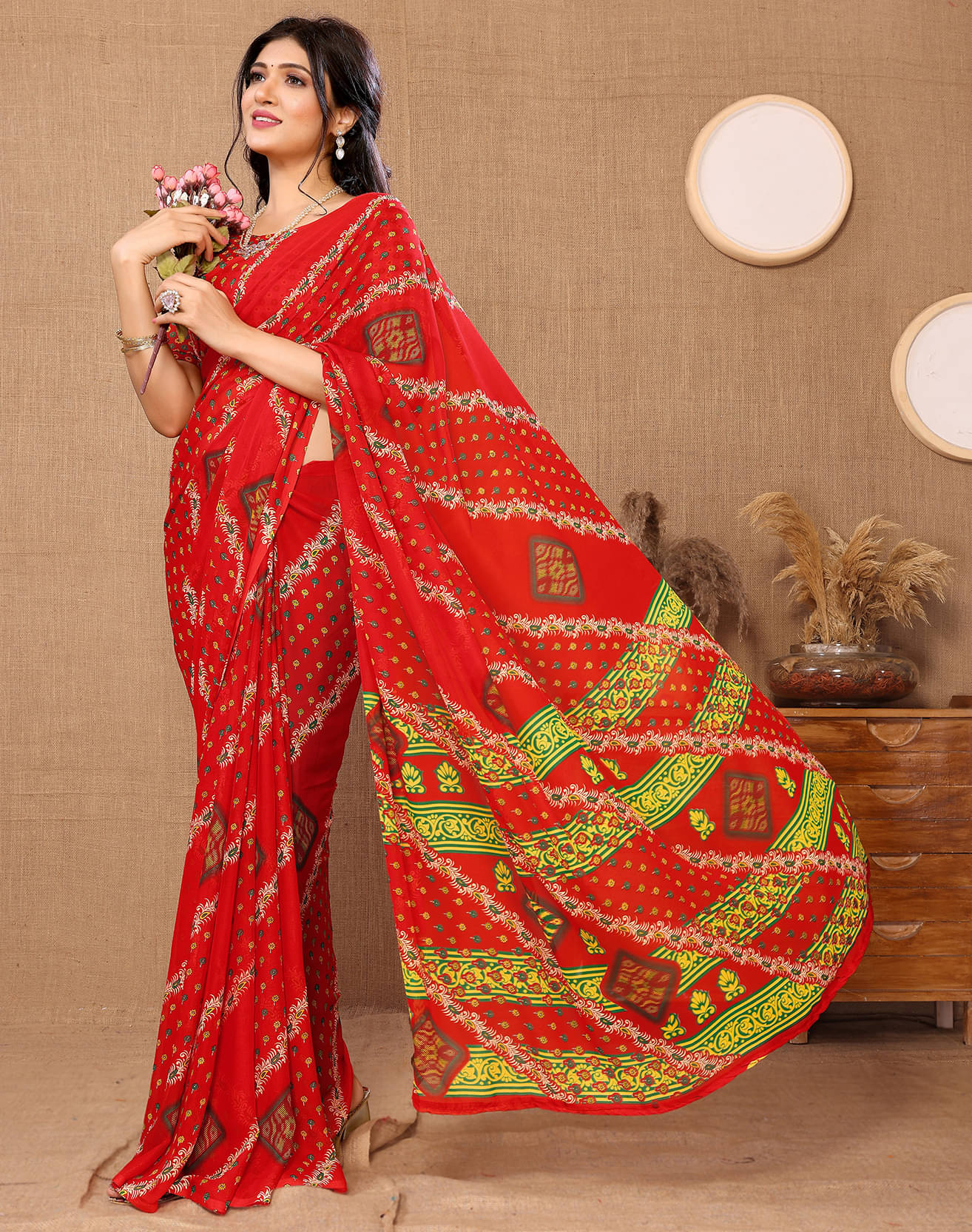     			Yashika Georgette Printed Saree With Unstitched Blouse Piece ( Red )