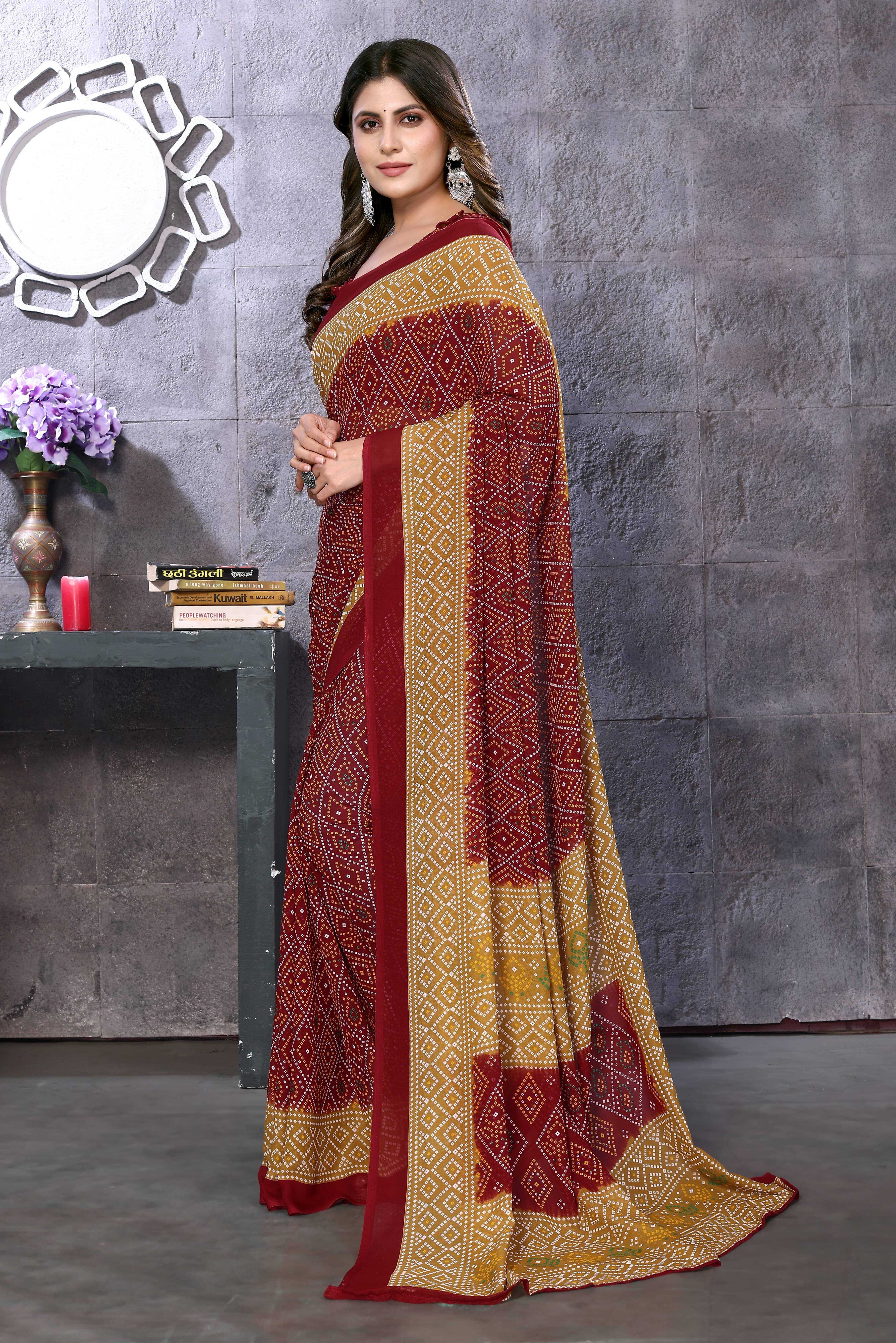     			Yashika Georgette Printed Saree With Unstitched Blouse Piece ( Maroon )