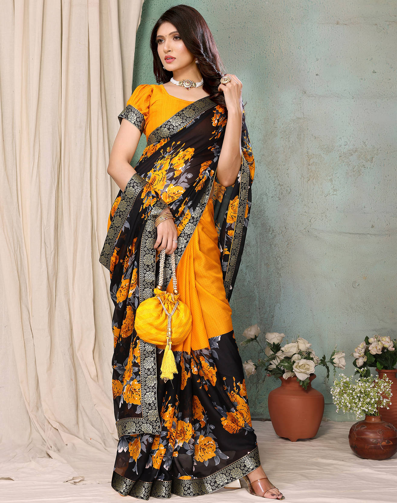     			Yashika Georgette Printed Saree With Unstitched Blouse Piece ( Yellow )