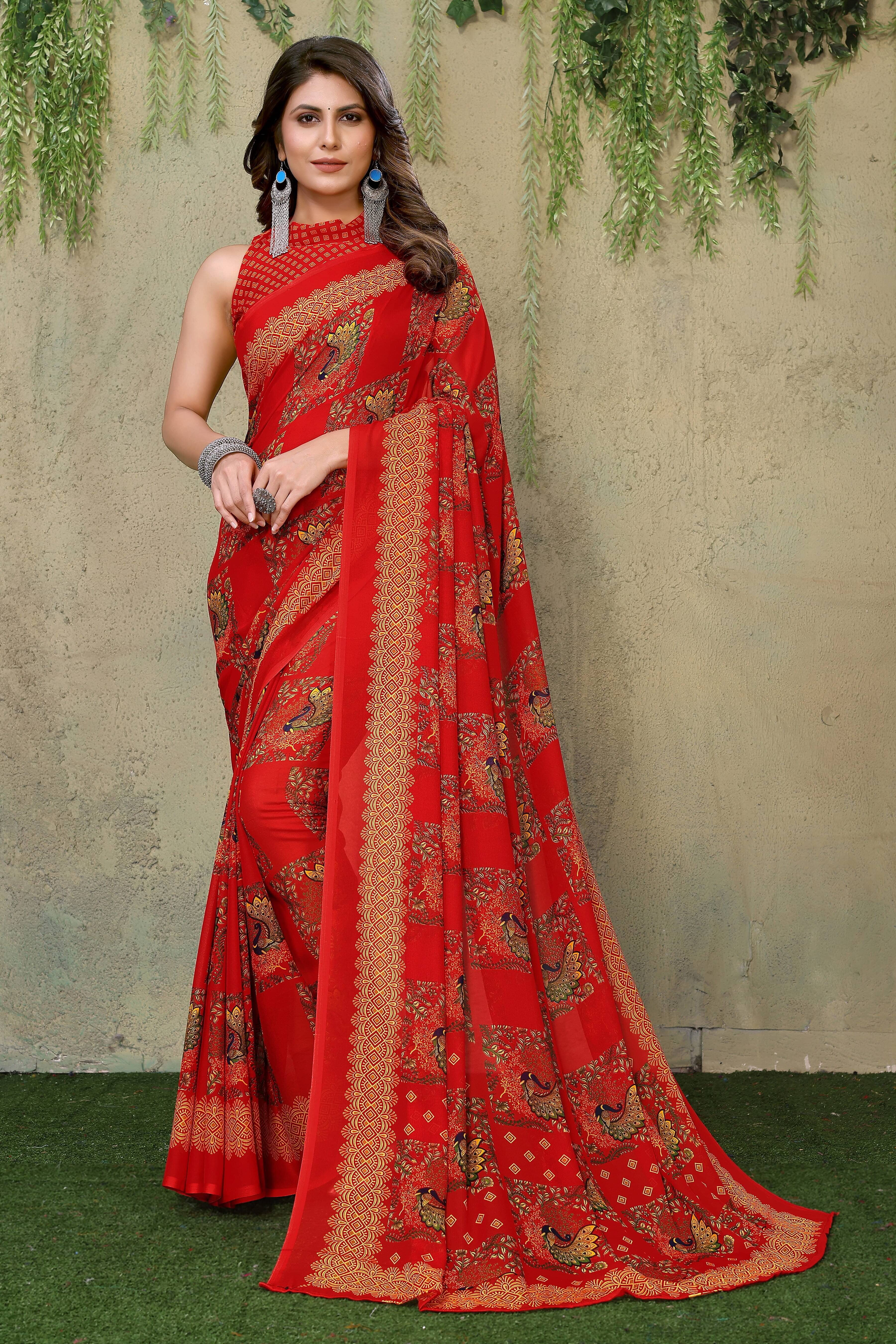 Yashika Georgette Printed Saree With Unstitched Blouse Piece ( Red ) Yashika Georgette Printed Saree With Unstitched Blouse Piece ( Red )