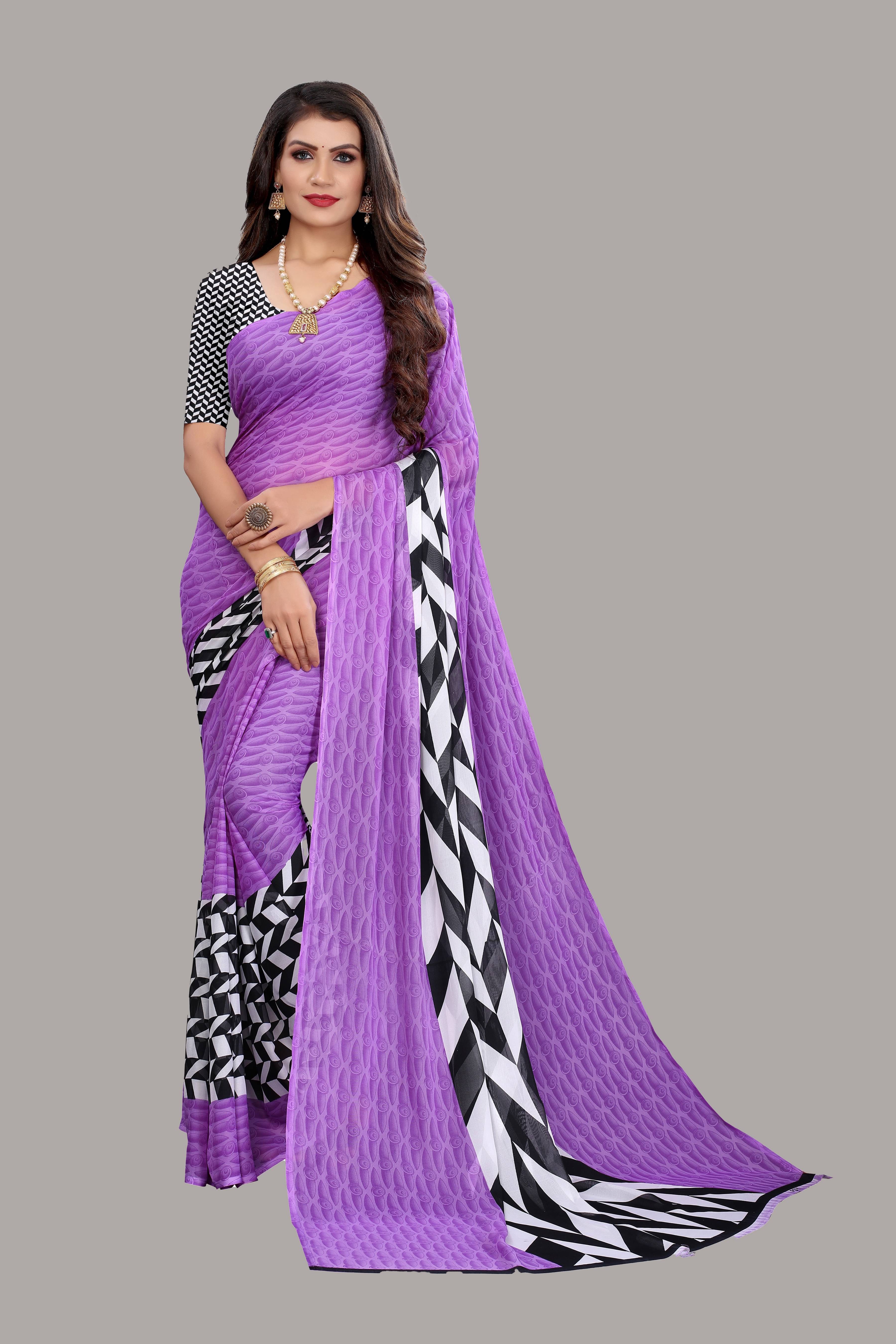     			Yashika Georgette Printed Saree With Unstitched Blouse Piece ( Purple )